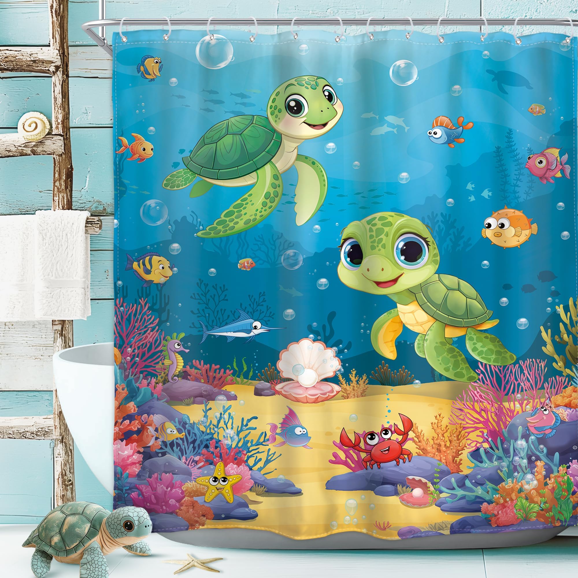 Homewelle Kids Shower Curtain Funny Cute Ocean Sea Turtle Fish Colorful Corals Starfish Animal Underwater Sealife Cartoon 60Wx72H Inch Boys Girls Toddler Waterproof Polyester Fabric Bathroom Bathtub