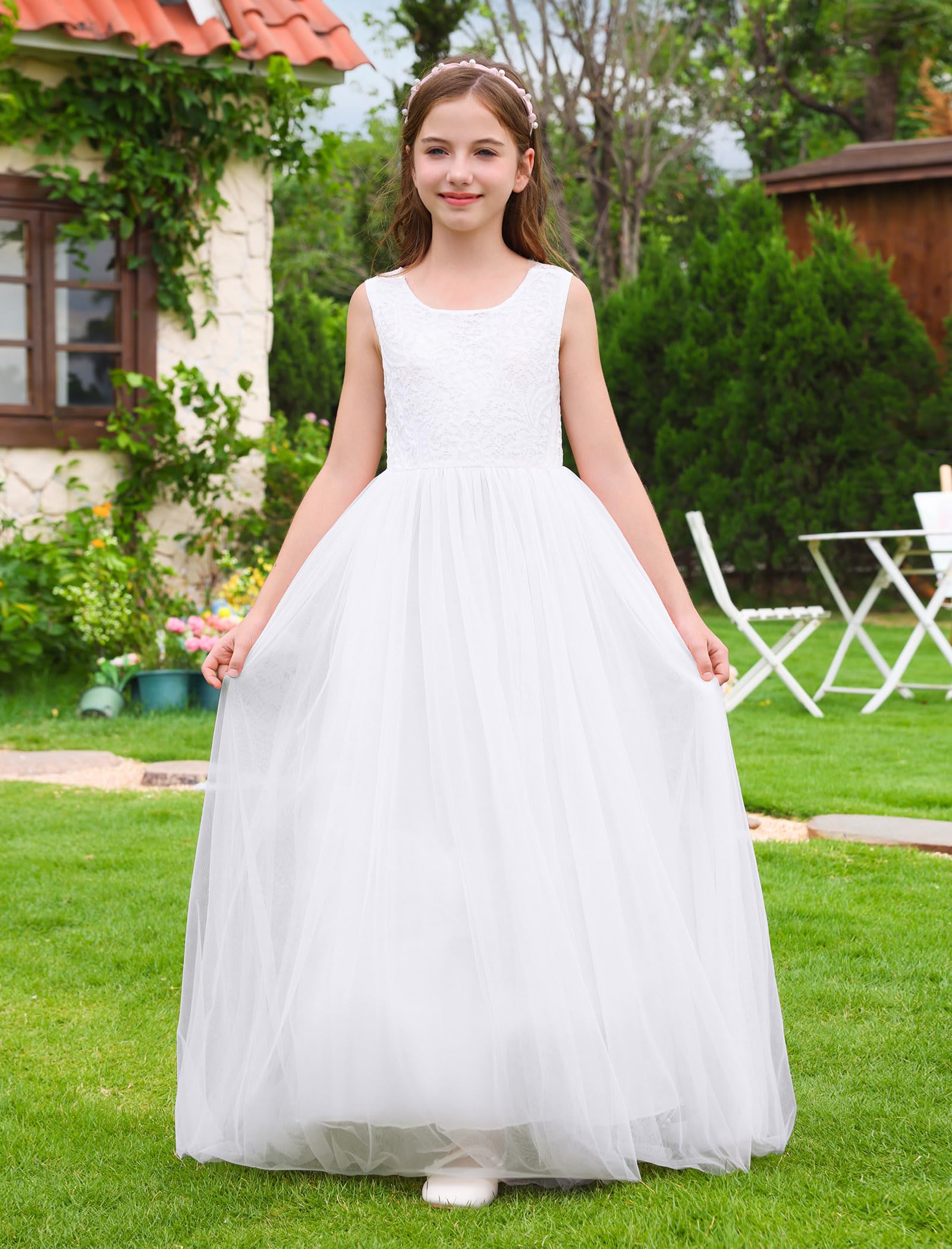 Abito elegante in pizzo, senza maniche, con scollo a V, schiena in tulle, per feste, matrimoni, damigelle d'onore, prima comunione, compleanno, principessa