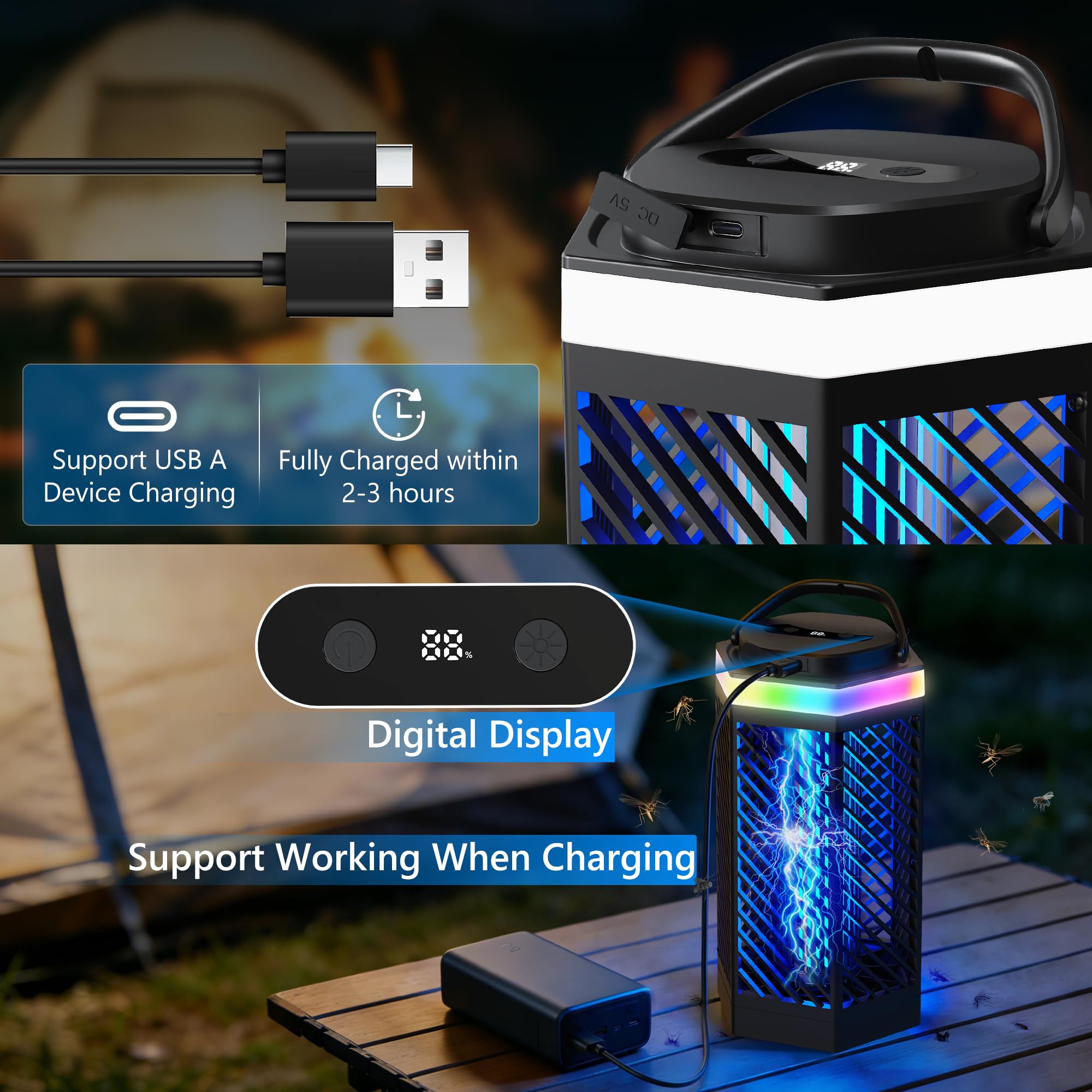 Bug Zapper con 4 niveles de luz ambiental, luz de modo dual (morado/blanco), batería de 8000 mAh, cubre 2100 m², seguro para niños y mascotas, repelente de mosquitos para interior y exterior