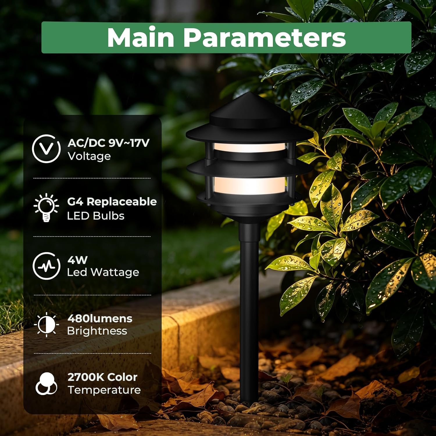Gardencoin Pagoda Low Voltage Landscape Pathway Lights, 12V Outdoor LED Path Lights Wired, Aluminum Walkway Lighting with 4W 2700K Replaceable G4 Bulb, Classic 3-Tier Lantern, 6 Pack