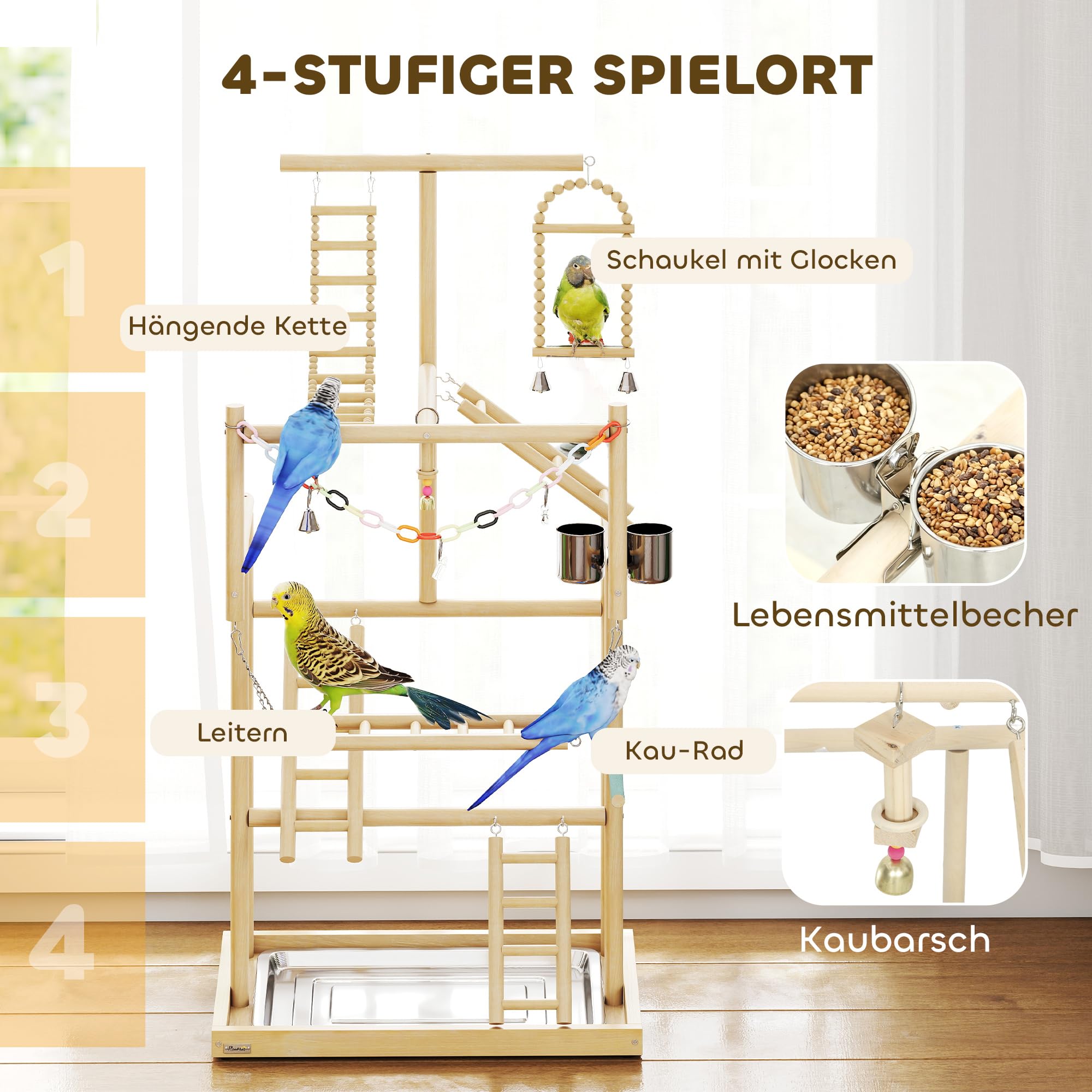 PawHut Plac Zabaw dla Papug, 48 x 38 x 95 cm, Plac Zabaw dla Ptaków z Zabawkami, Tacką ze Stali Nierdzewnej, Conures, Nierozłączek | Plac zabaw dla papugi dla nimf Conures nierozłączne, Parrot Playstand taca ze stali nierdzewnej