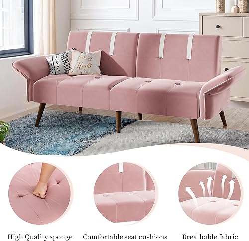 Miniatura 5 de JAMFLY Sofá cama futón de terciopelo de 69 pulgadas, sofá cama convertible con reposabrazos y respaldo ajustables, moderno sofá biplaza para sala de