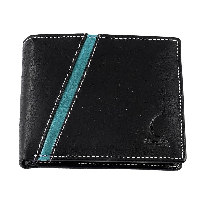 Genuine Leather Wallet for Men, Slim Bi-Fold Purse with Sky Blue Strips, RFID Blocking with Card Slots and Zip, Black