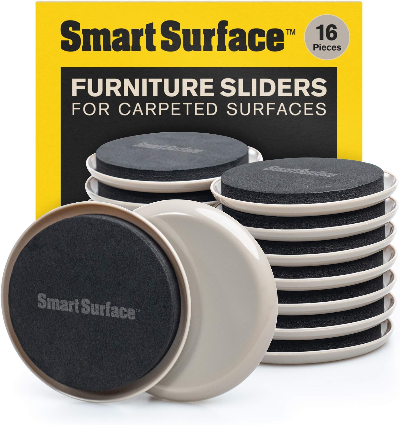 Smart Surface Furniture Sliders for Carpet - 16 Pack - 3.5" Round | 8295 Coasters for Heavy Furniture - Protect Your Carpeted Floors