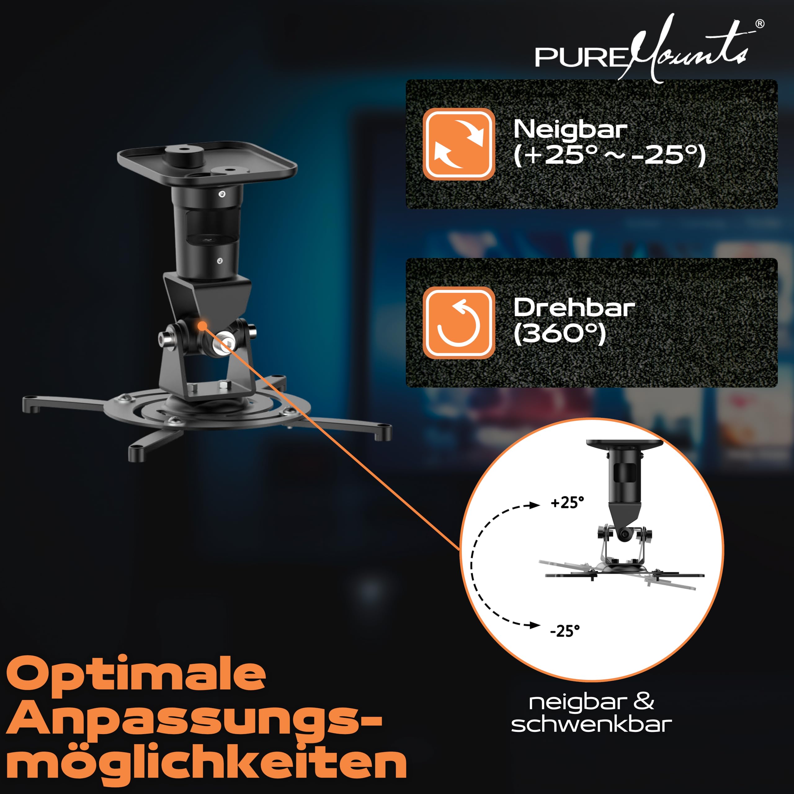 PureMounts SPIDER-PLUS uchwyt sufitowy do projektora, możliwość pochylenia 25°, obracany, odstęp od sufitu: 225 mm, nośność maks. 15 kg, odstęp między otworami 180-310 mm, czarny