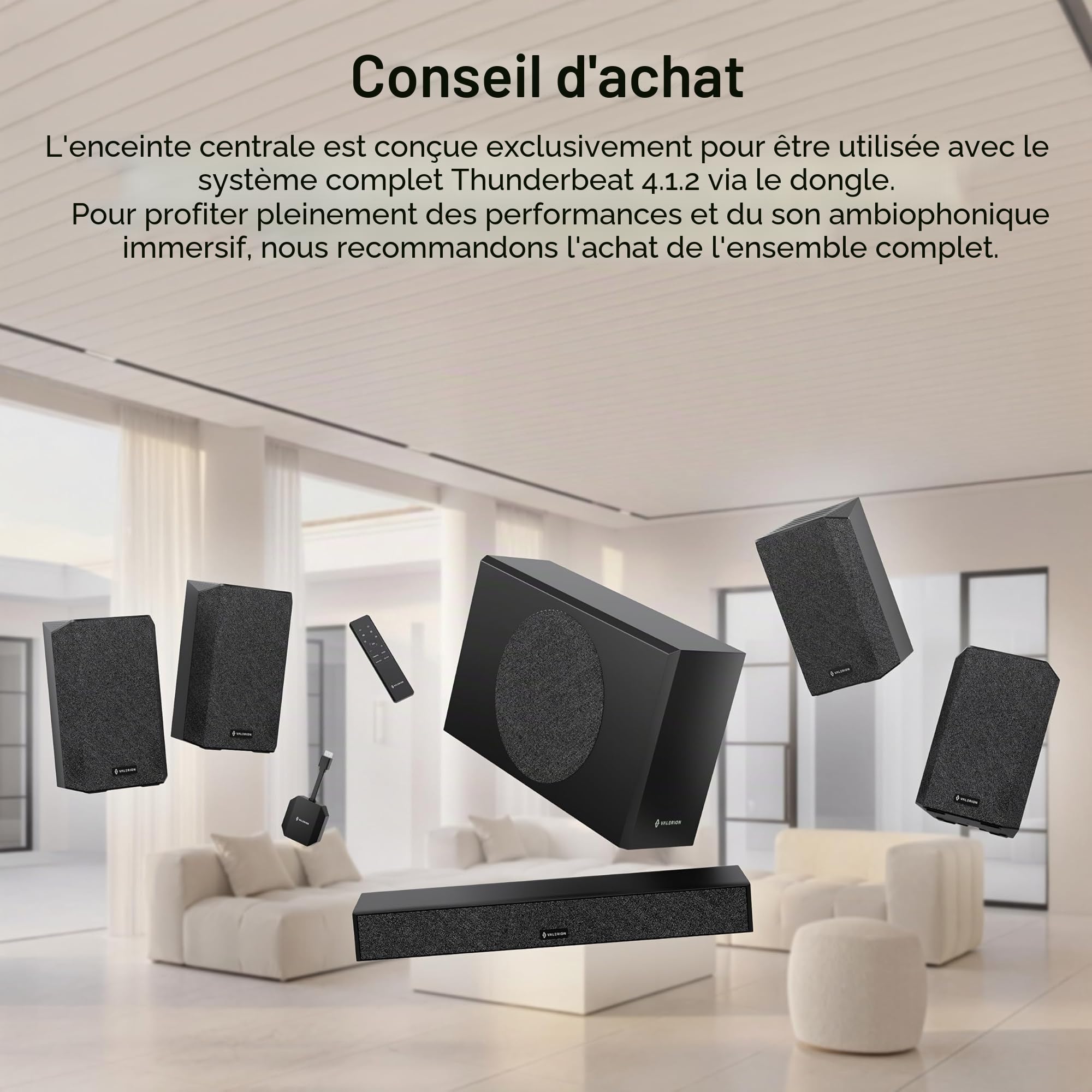 Valerion Enceinte Centrale sans Fil ThunderBeat, Puissance 120 W, Amélioration Vocale Adaptative, Latence Ultra-Faible < 30 ms, Système Audio Home Cinéma (Système Surround Requis)