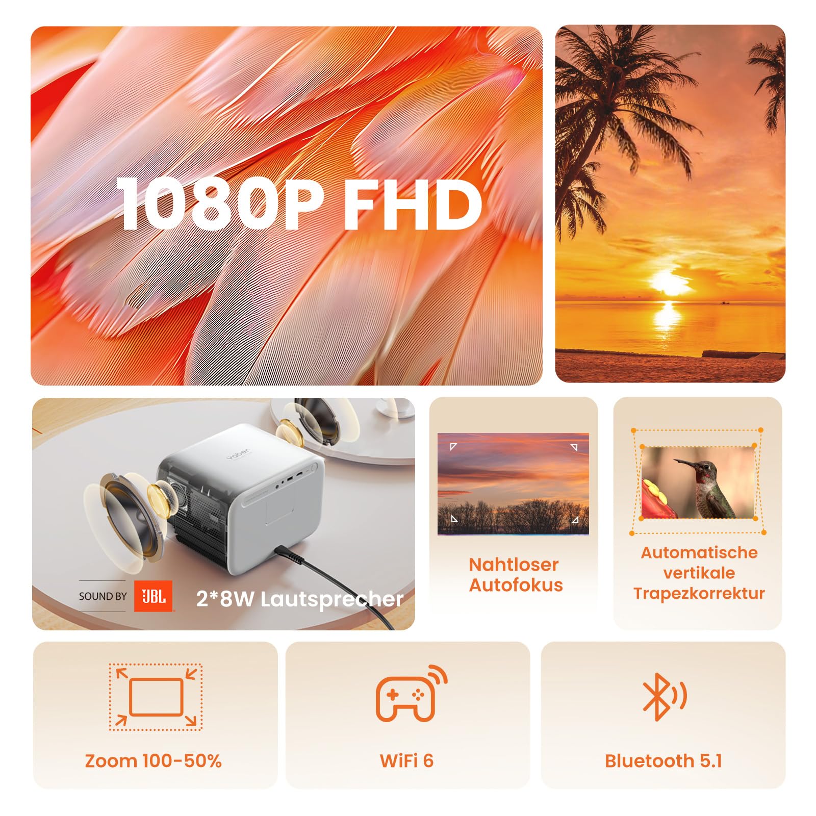 JBL Beamer Sound 1080P Native Projektor Yaber L2s Autofokus LED Projektor WiFi6 Bluetooth 5.1 Heimkino