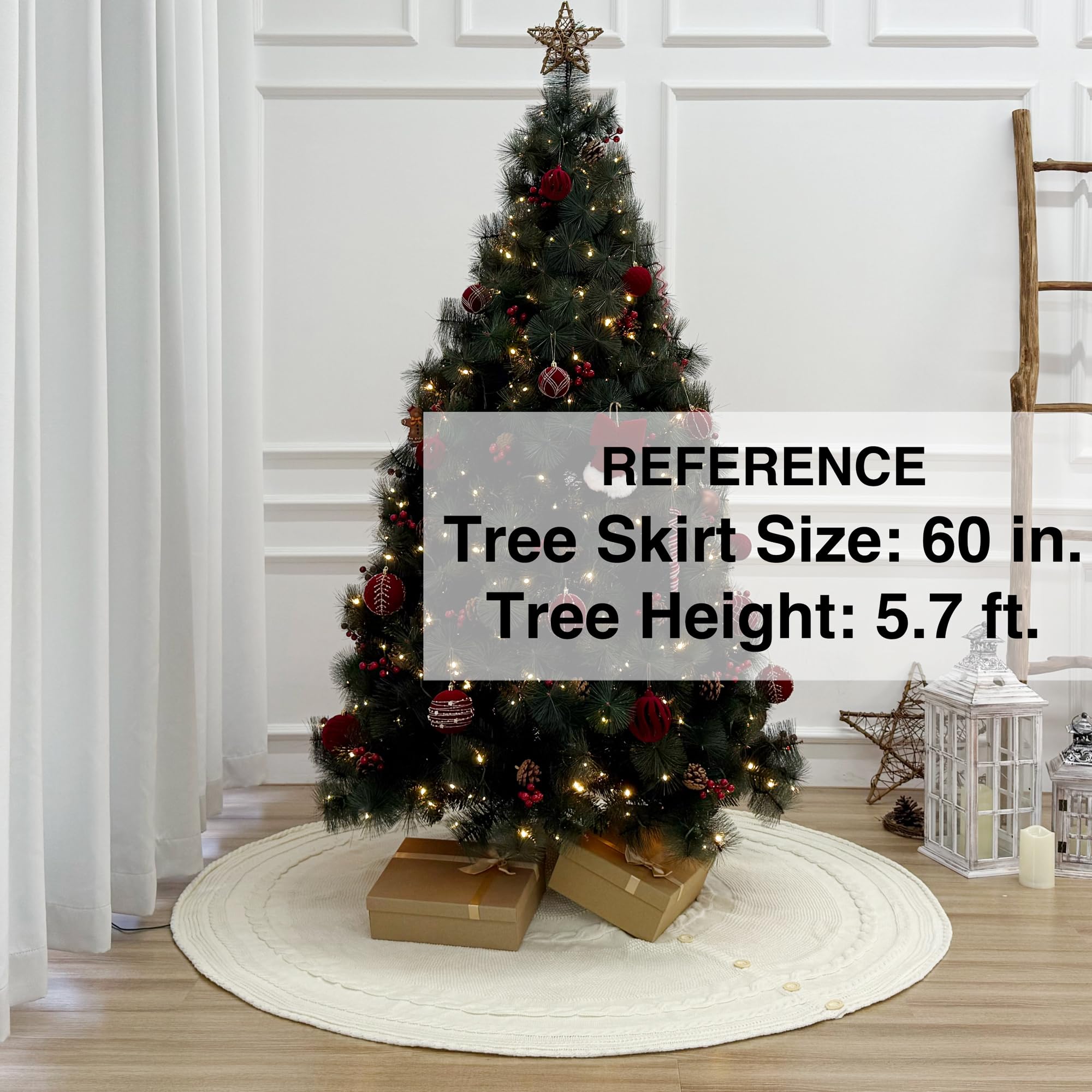 60-Inch Deluxe Cable Knit Christmas Tree Skirt with Oak Buttons, Cream White