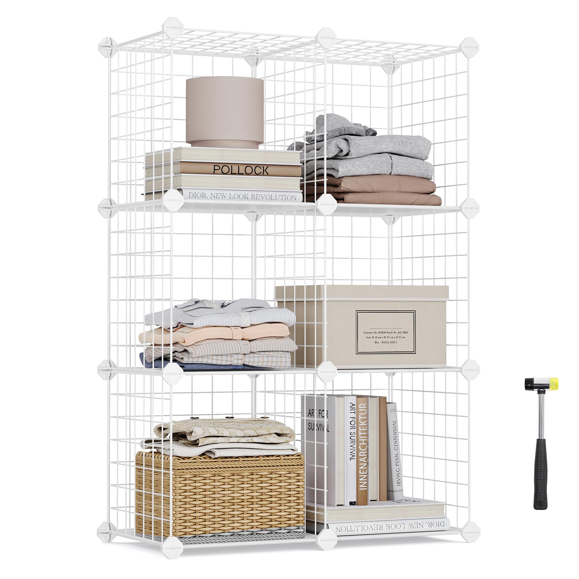 SONGMICS Storage Cabinet, Shelf, Lattice Panels, 6 Compartments, Large Capacity, Free Rubber Mallet, Dimensions 63 x 31 x 93 cm (L x W x H), White LPI111W