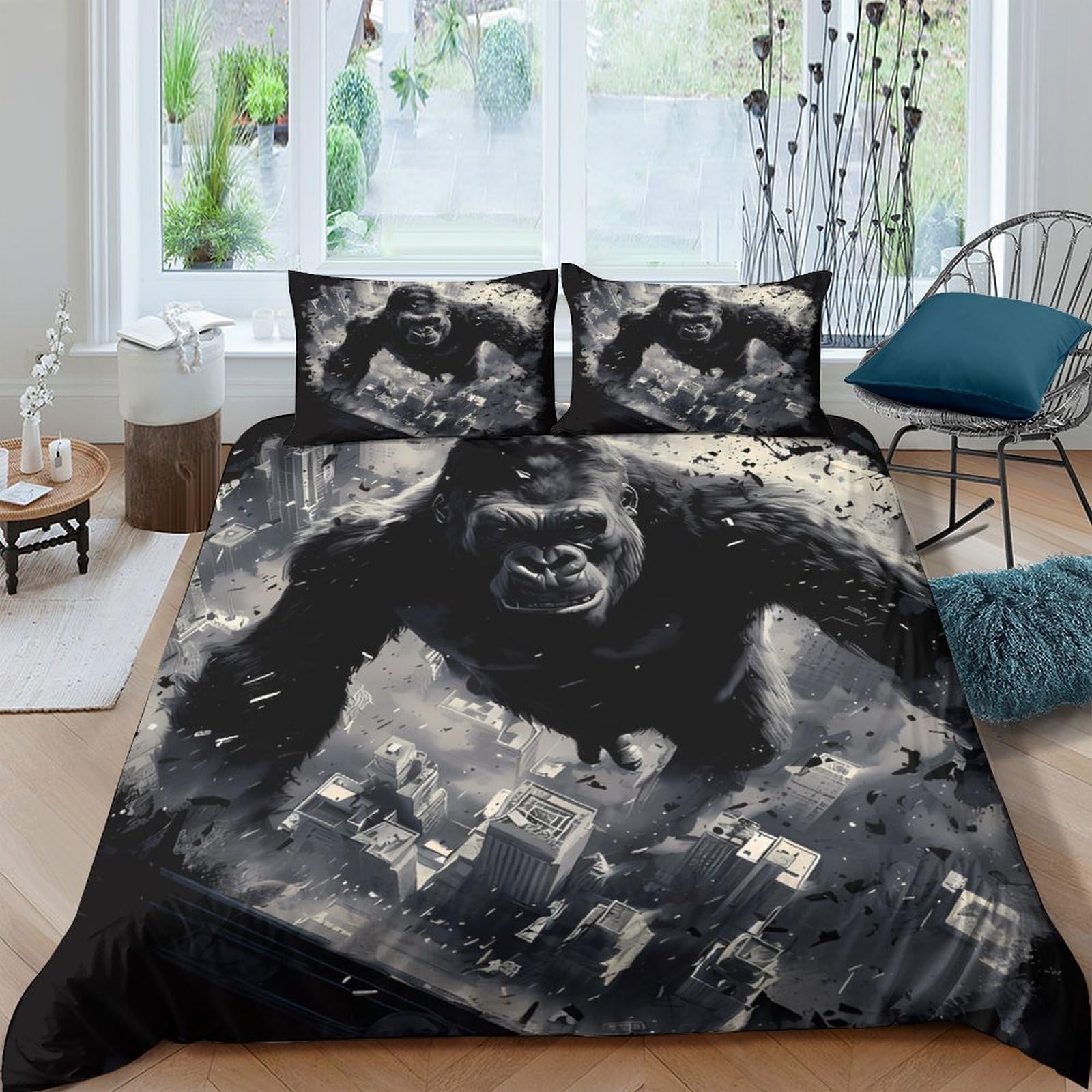 Ctjqhvkz Style-2 3D Printed Gorilla Cityscape Fitted Sheet Microfiber Soft Washable Bed Cover Urban Art For Bedroom Home Decor Single（135X200cm）