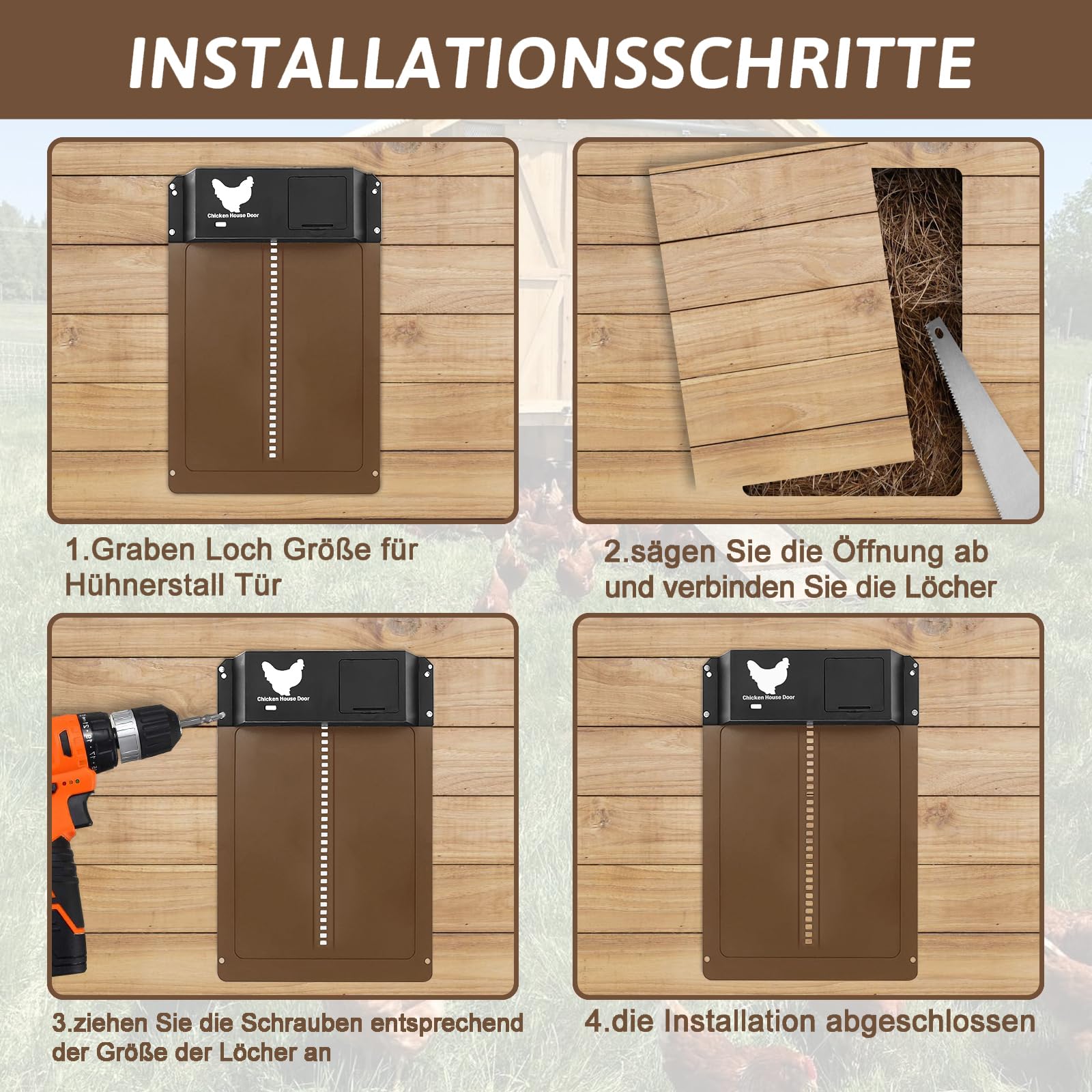 Porte Poulailler Automatique Solaire, Porte De Poulailler Automatique Batterie, Automatic Chicken Coop Door, Etanche avec Capteur de Lumière Porte De Poulailler à Induction à Pile, pour Poulets Canard