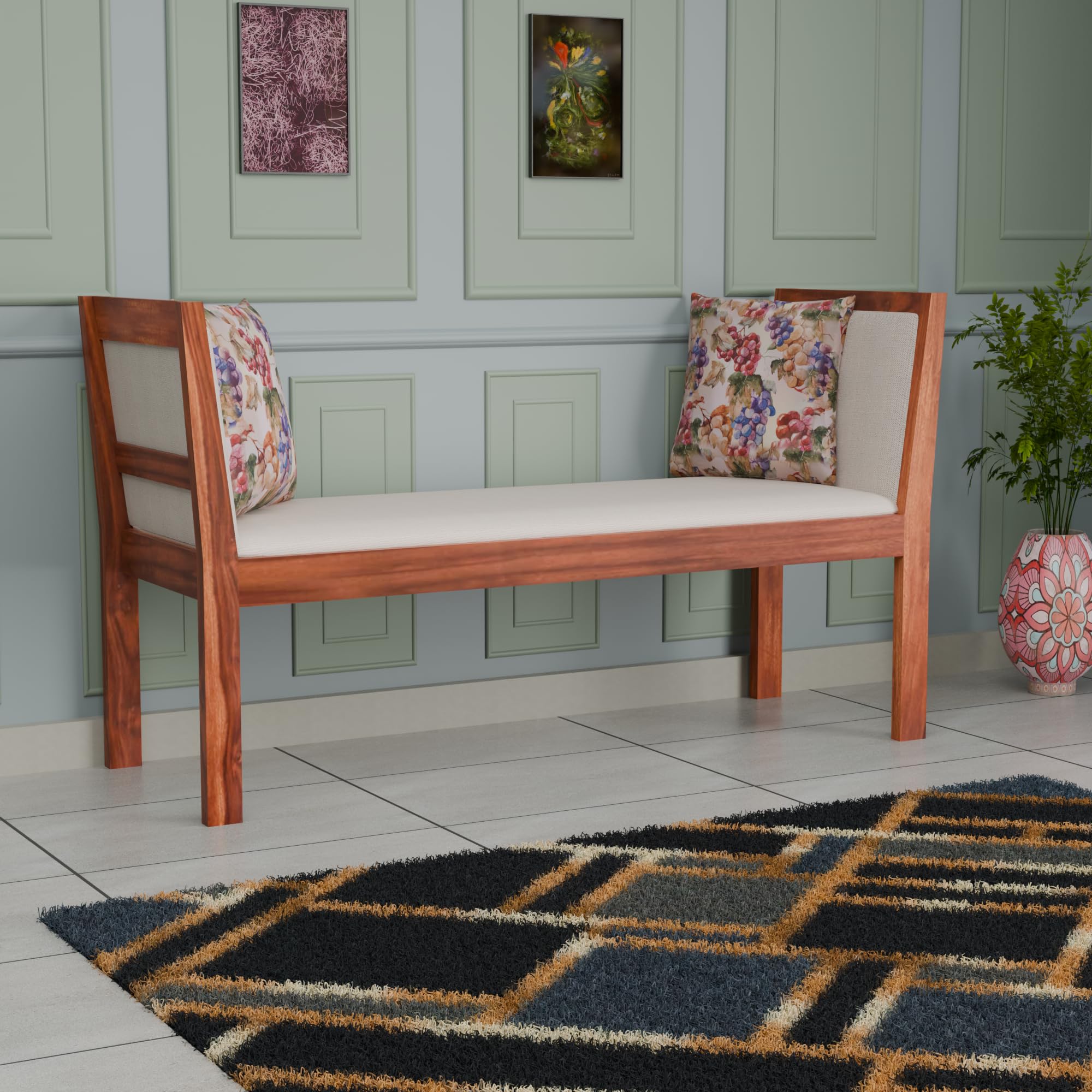 Solid Sheesham Wood 2 Seater Bench for Living Room | Wooden Dining Bench with Cushion for Home | Armrest Bed Bench | Two Seater Sofa Couch for Hall | Bed Benches for Bedroom | Natural Brown-image-20