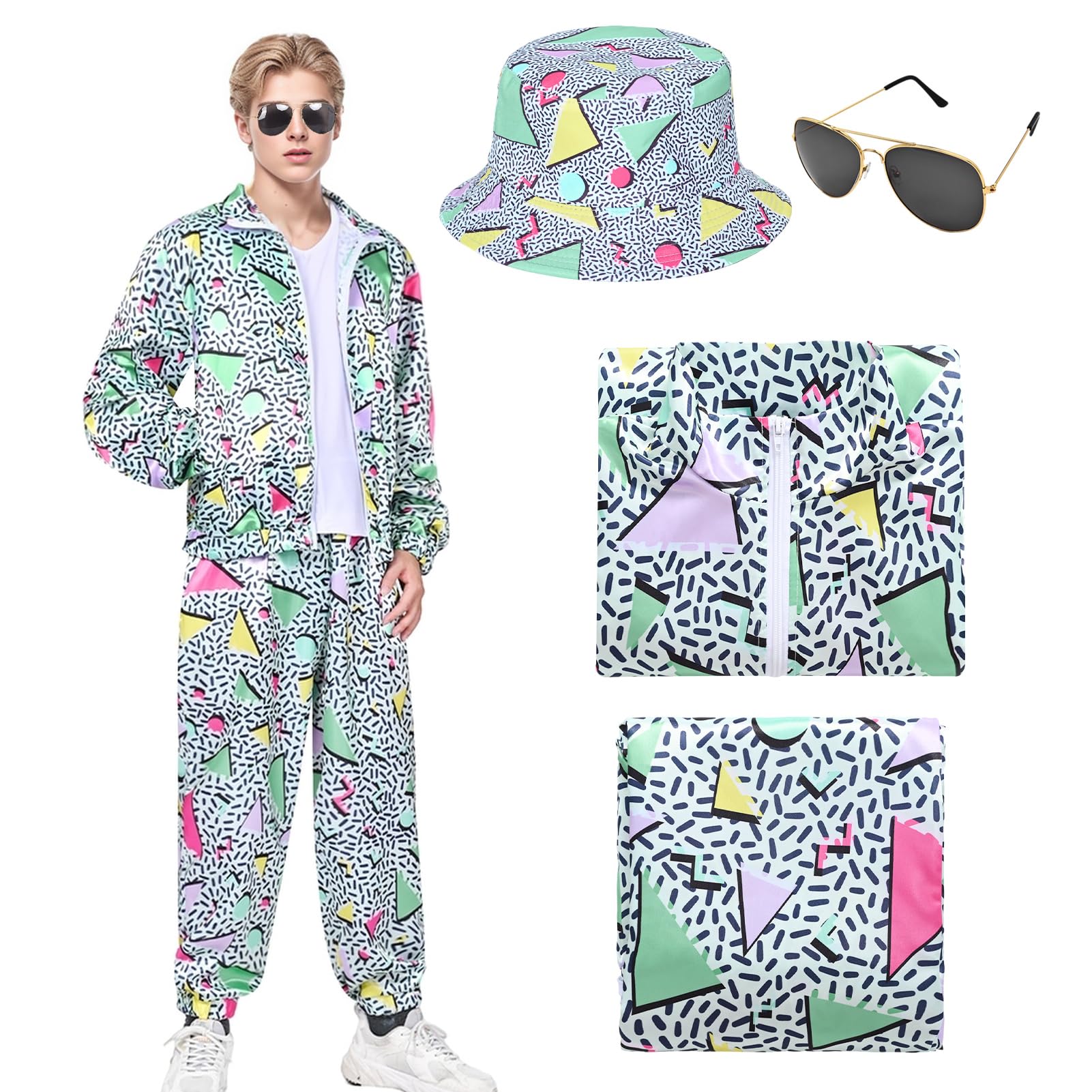 80s 90s Fancy Dress Costume Men Women Adults, Shell Suit Rave Tracksuit Retro Outfit Jacket Hip Hop Rapper Disco Accessories Carnival Halloween Party