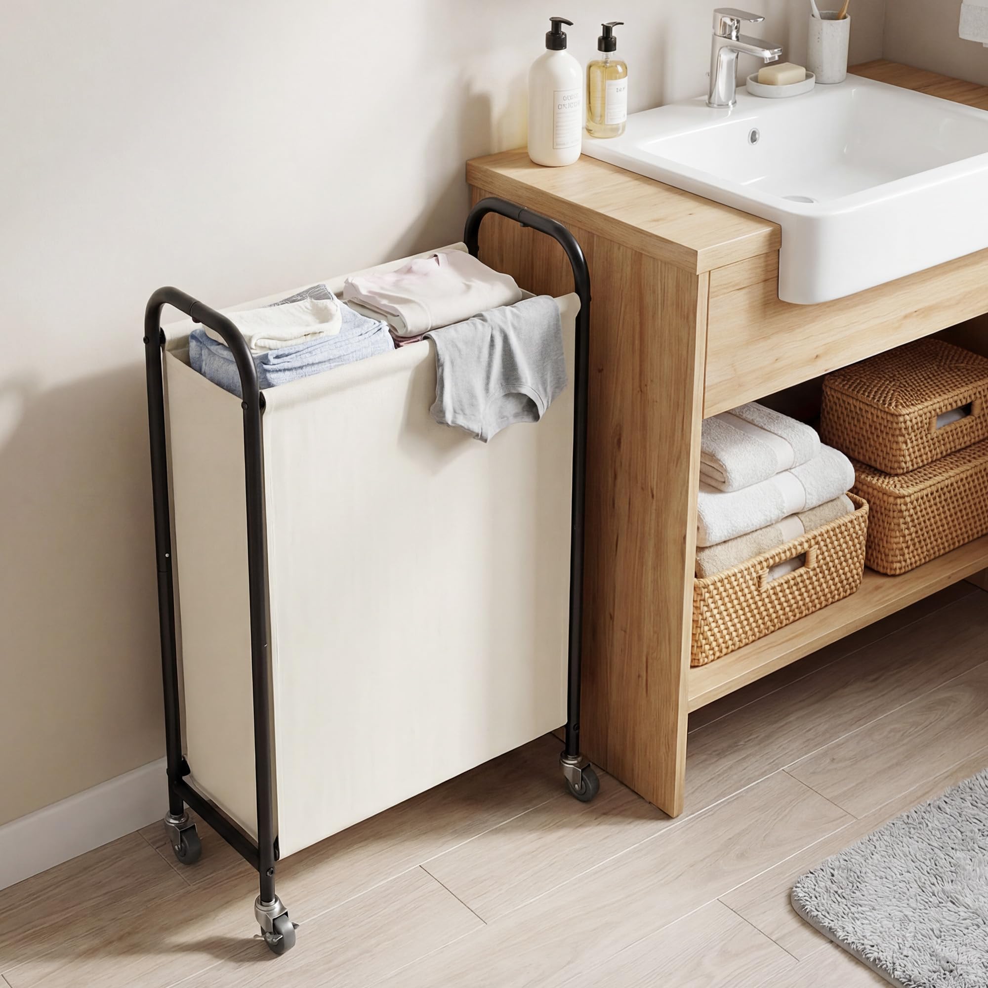GRANNY SAYS Cesto de la Ropa de 80 Litros con Ruedas, Cesto de Tela con Ruedas, Organizador de Ropa Estrecho, Cesto Alto para Armario, Lavadero o Baño, Slim Laundry Basket, Color Beige