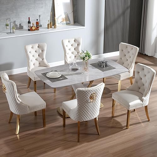 Miniatura 9 de KCC Juego de 4 sillas de comedor tapizadas en terciopelo, sillas modernas capitoné con tirador de anillo con cabeza de león y patas de acero Piernas