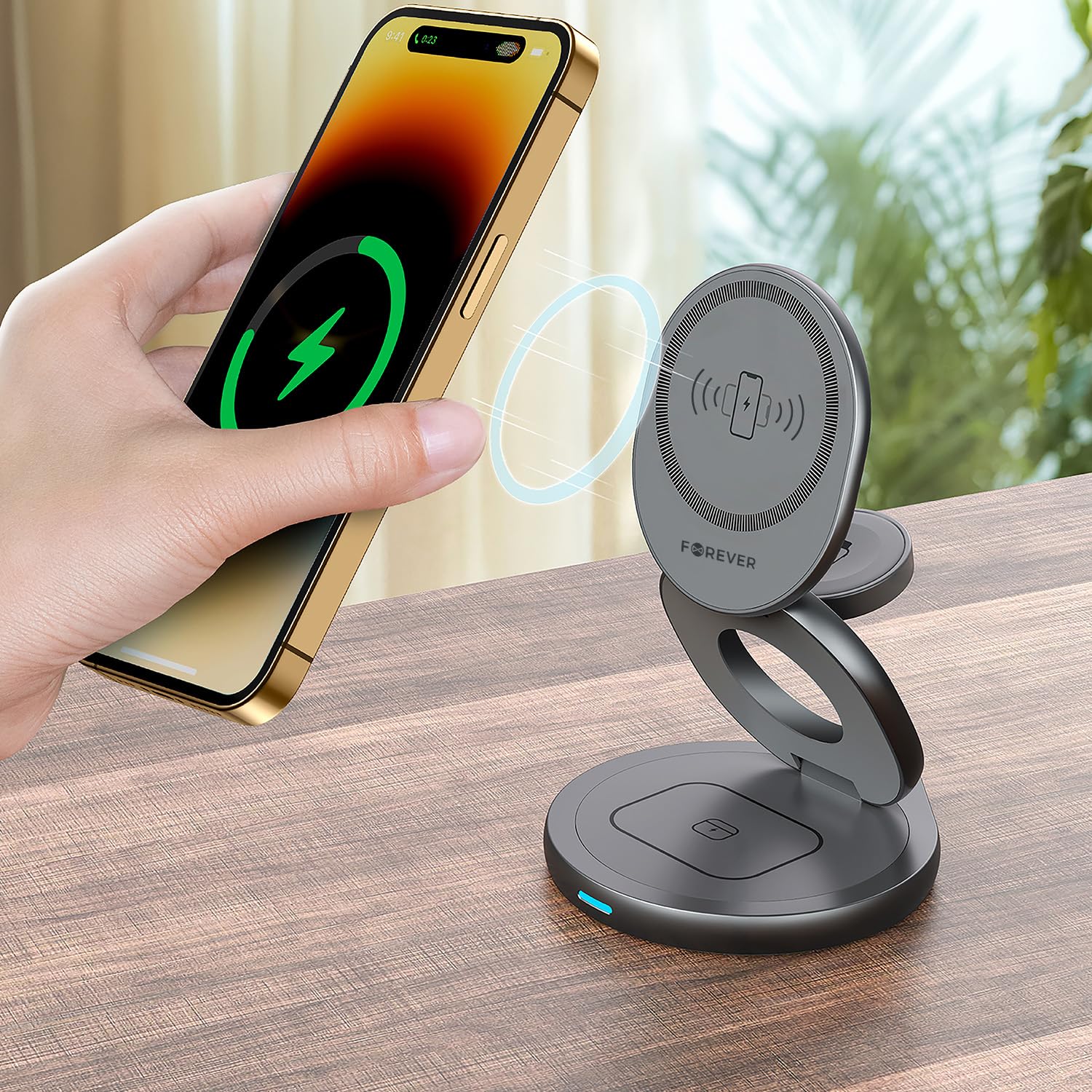 Forever - Estación de carga magnética inductiva 3 en 1 gris - Soporte con cargador inalámbrico de 15 W - Cargadores de teléfono con rotación de 360° - Estación de cargador de inducción para iPhone