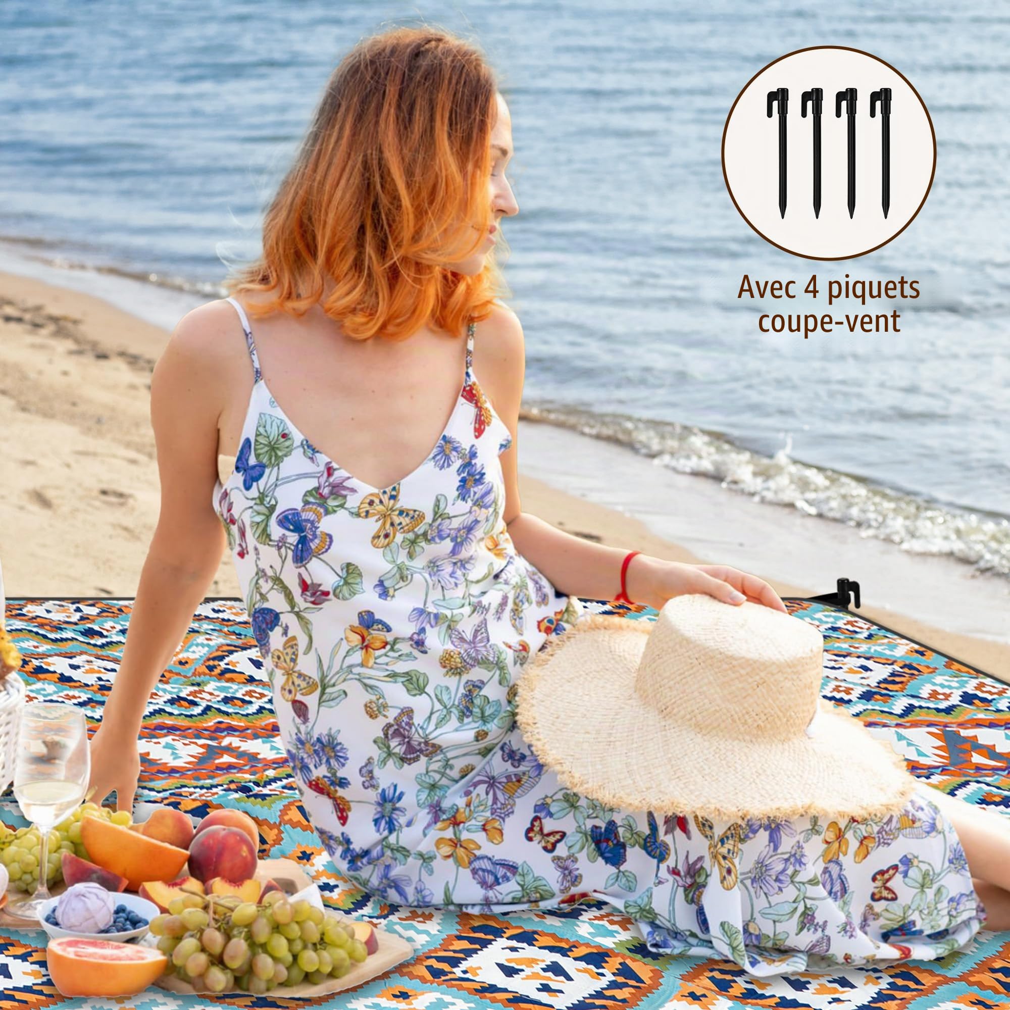 Gucass Couverture de Pique-Nique Boho, 200 x 200 cm Tapis de Pique-Nique Imperméable Lavable, Tapis de Picnic sans Sable, Pliable Portable Couverture de Plage pour Camping, BBQ, Jardin, Voyage