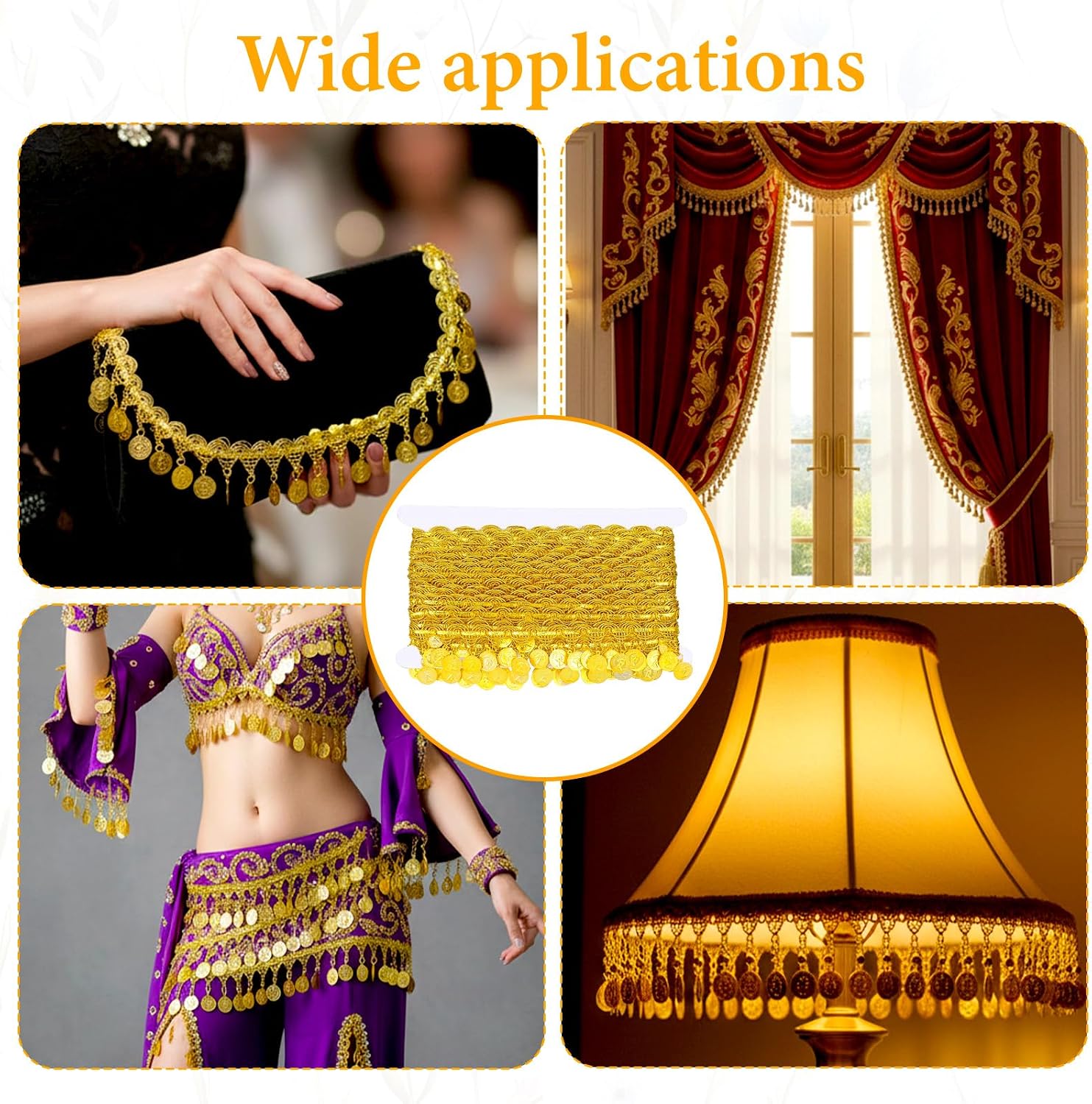 2Pcs 10 Yards Gold Coin Shape Sequin Tassel Trim Sequins Lace Tassel Fringe Trim 1.5 Inch Width Sequins Lace Ribbon Fringe Dance Dress Belt Chain for Clothes Decoration Party Accessories