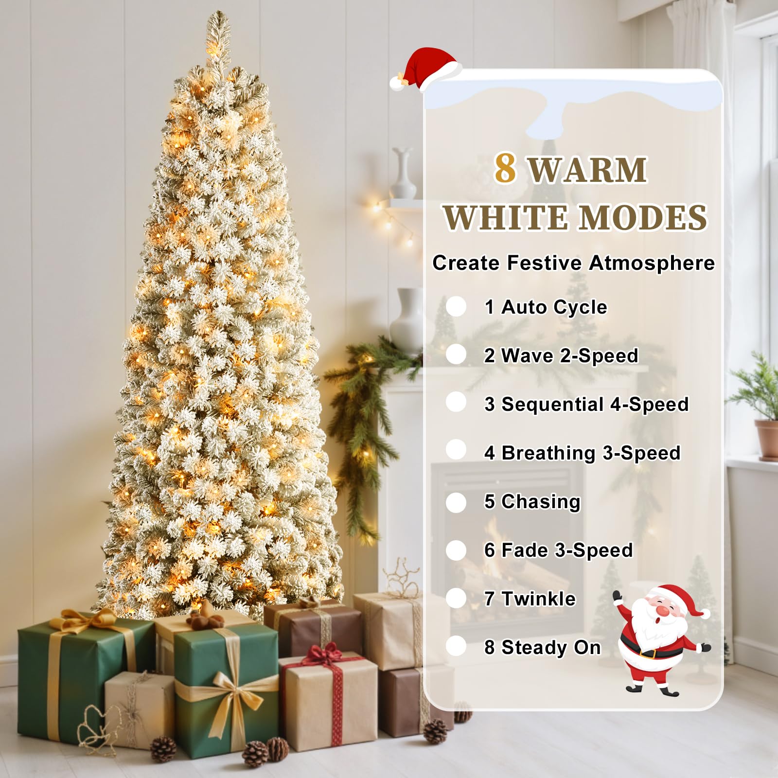 SHareconn Albero di Natale Artificiale 210cm Pre-Illuminato Slim con 250 Luci LED Bianco Caldo, Rami PVC ad Cerniera Innevate & Base Metallica, Albero Pencil Space Saving per Decorazione Casa Ufficio