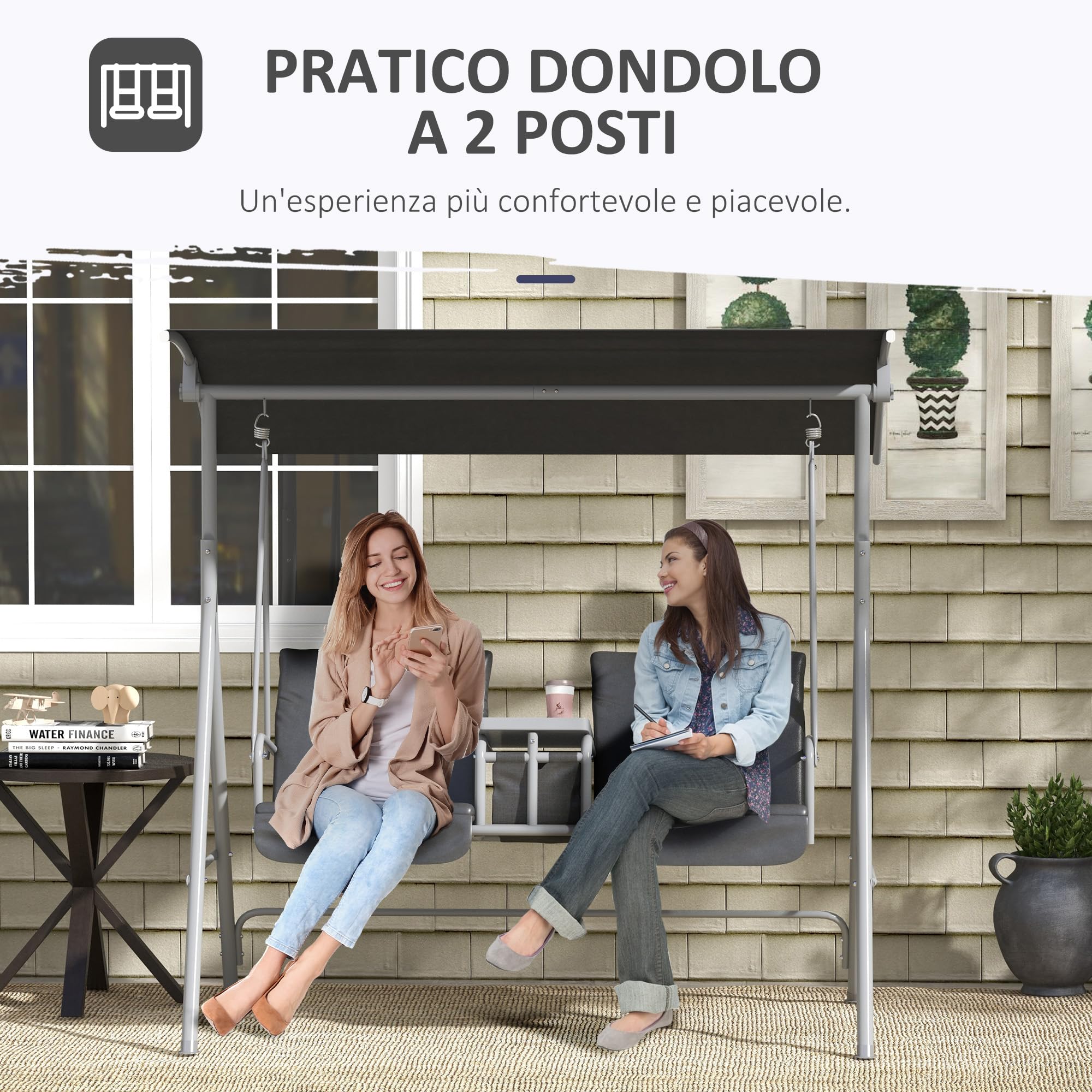 Outsunny Dondolo da Esterno con Tavolino e Portabicchieri Centrale, Dondolo 2 Posti in Metallo con Tettuccio in Poliestere, 175 x 112 x 158 cm, Grigio