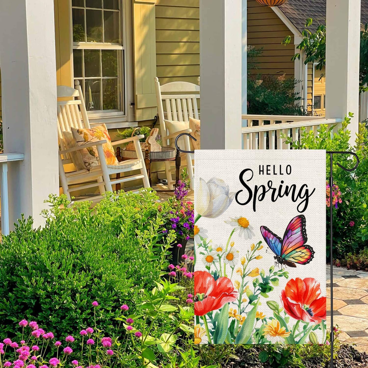 Hello Spring Floral Garden Flag 12x18 Inch Double Sided Tulips Butterfly Small Burlap Yard Flag for Outside - Image 4