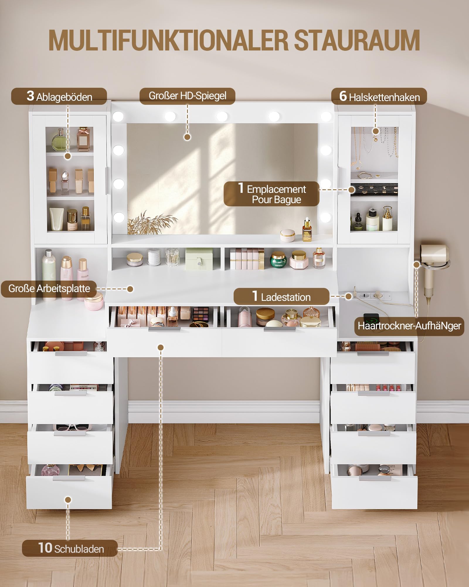 Hzuaneri 150 cm Große Schminktisch mit LED-Beleuchtung und Steckdosenleiste, Schminktisch mit Spiegel, Dreifarbiger Lichteinstellung, 10 Schubladen, Schmuckaufbewahrung, Weiß-Silber DT43703XEU