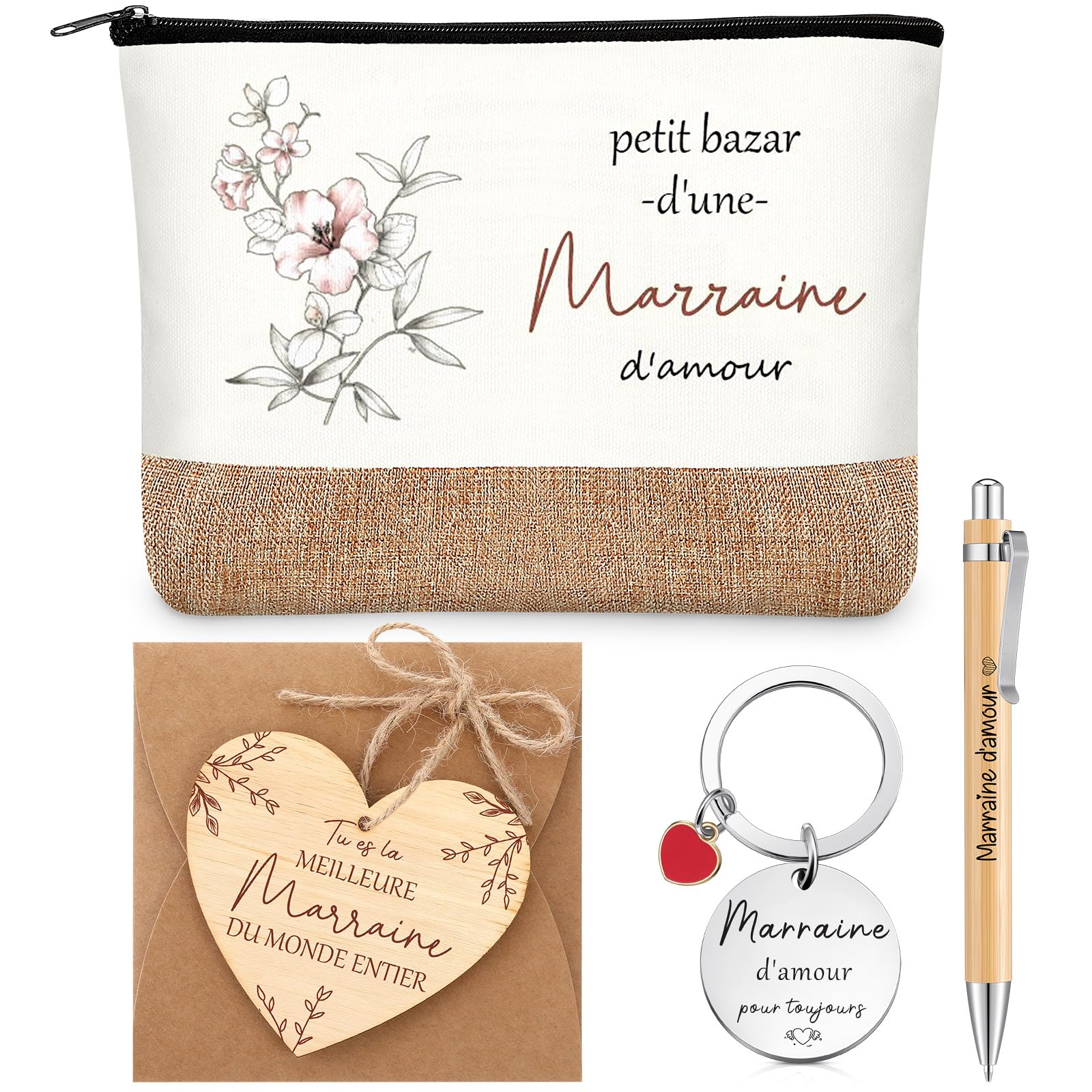 Tenare 6 Pièces Cadeaux pour Marraine Trousse de Maquillage Porte-Clés Stylo à Bille en Bois Plaque en Bois de Cœur avec Ficelle Enveloppe Cadeau Marraine pour Noël Anniversaire Baptême Communion