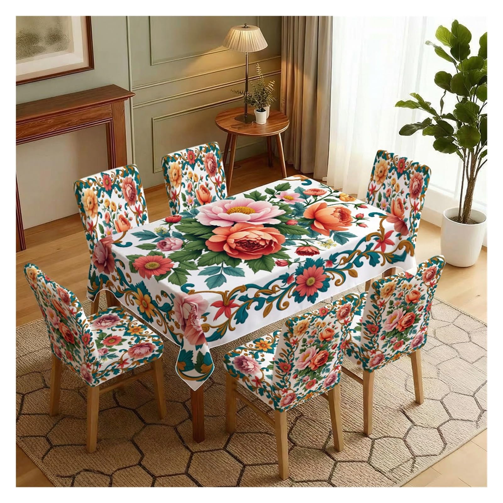 KXUAUV Boho Floral Baroque Print Stretch Chair Covers & Tablecloth Set, For Kitchen Dining Room Holiday Party Home Decor, 5/7 Pack Party Decor(7pcs Set: Tablecloth+Chair Covers)