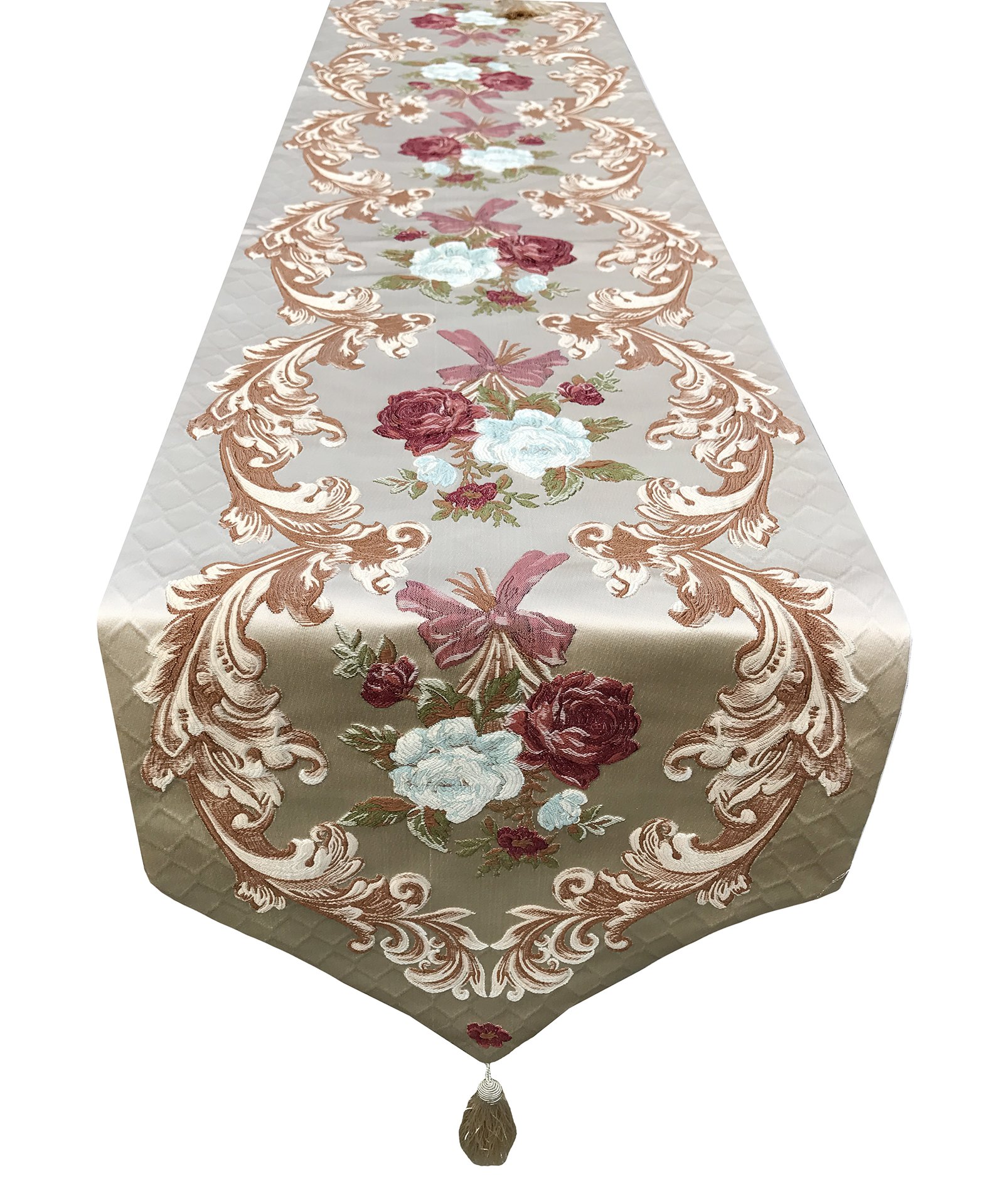 MAGILONA Home Tablecover Kitchen Decorative Luxurious Cotton Linen Embroidered 3D Floral Pattern Table Runner Tassel Dining Wedding Party 13x83 in (Coffee)