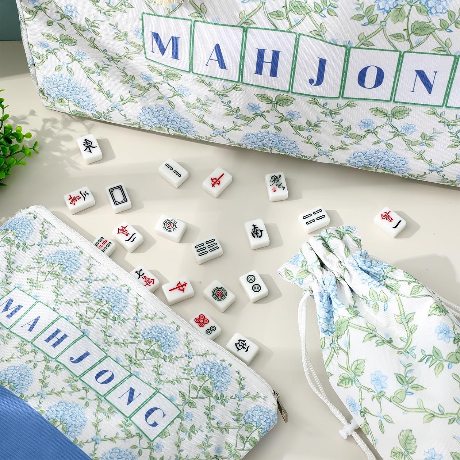 FYSUIMU Hydrangea Flower Empty Mahjong Bag Set Blue Floral Mahjong Carrying Bag with Handle Tile Bags and Drawstring Bags for Spring Travel Party Game Accessories