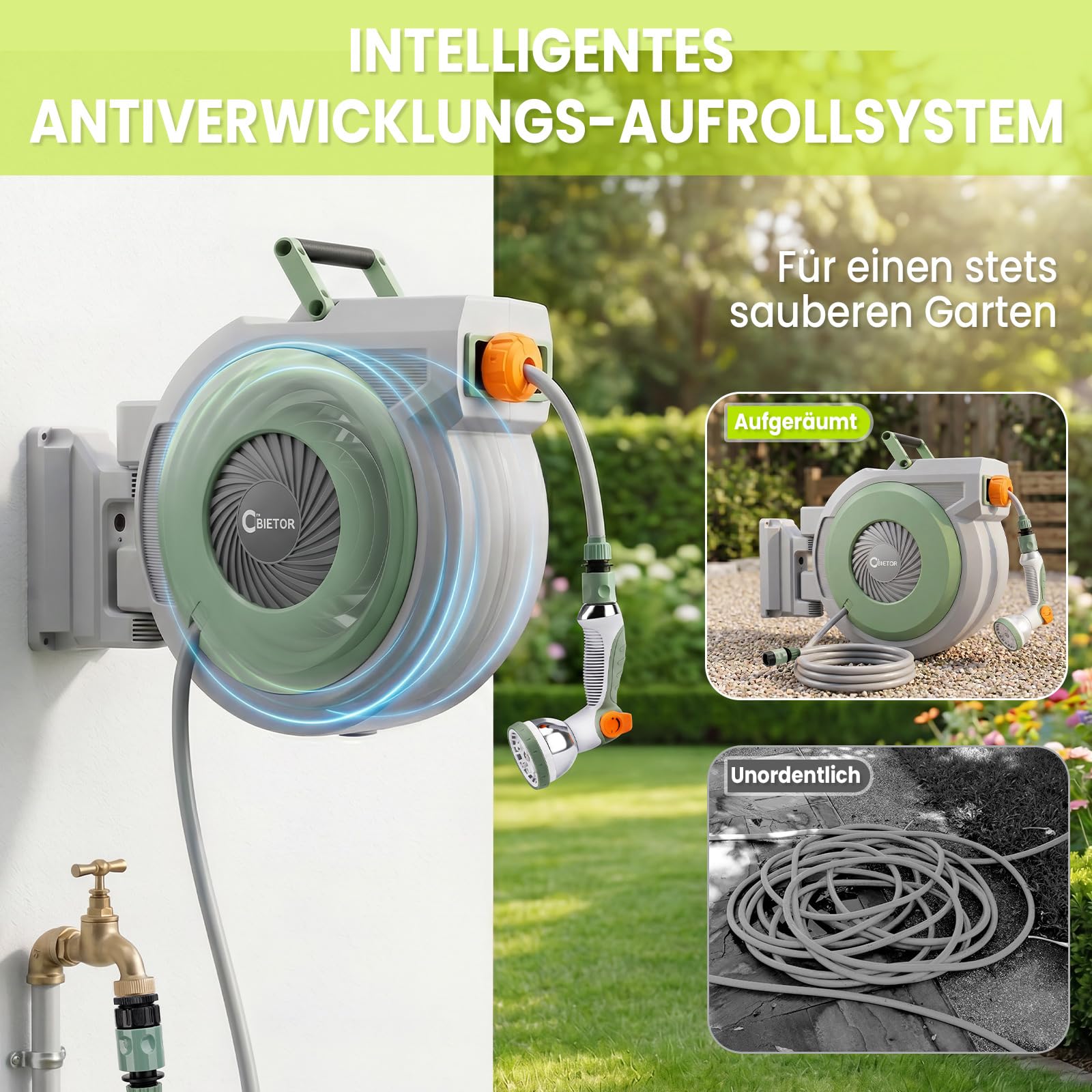 Schlauchtrommel Wasser40m + 2m, 180° Schwenkbar Wand-Schlauchbox, Automatischer Gartenschlauch trommel mit 10-Funktionen Gartenbrause für Gießen Autowaschen
