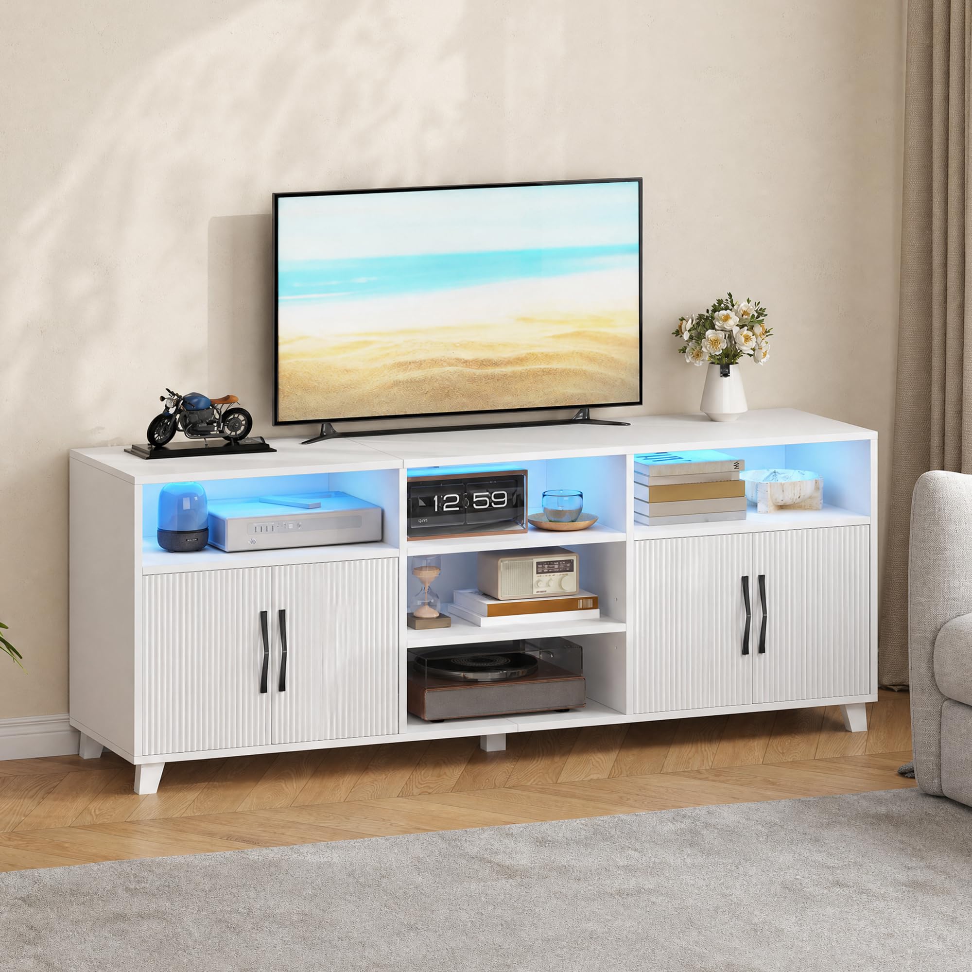 Hzuaneri Meuble TV, 147 cm Blanc, avec Lumières LED Réglables 25 Couleurs