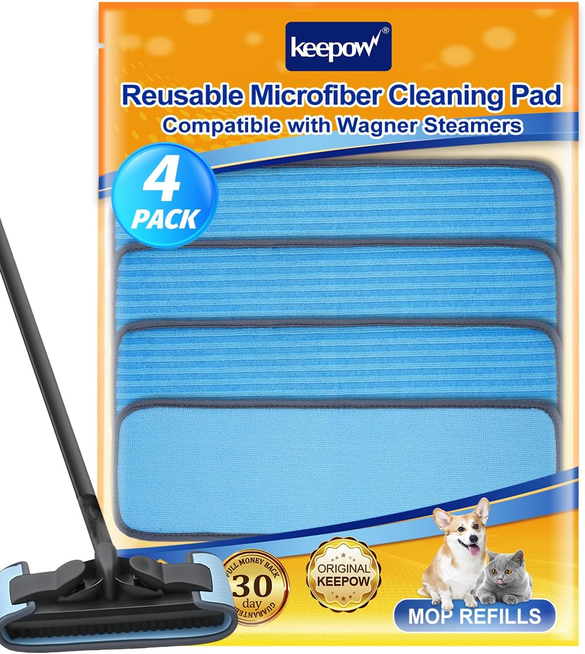 KEEPOW 4PACK Reusable Microfiber Mop Pads Compatible with Wagner 905e, 915e & 925e Steamers, Steam Mop Pads Compatible with TVD/STEAMBOT & Other Steamer Mop, Double-Sided Use (Mop is Not Included)