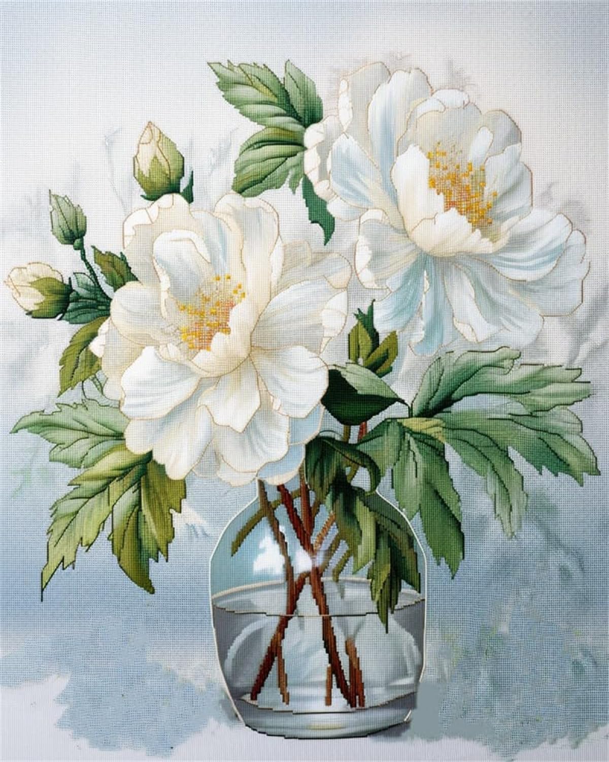 9CT Diy Kit De Broderie De Perles Fleurs Dans Un Vase Perles À Broder Fleur De Pivoine Blanche Kit De Bricolage De Perles Pour Débutants,Ensemble De Broderie,Motif De Point De Croix,Décorat 50x60cm