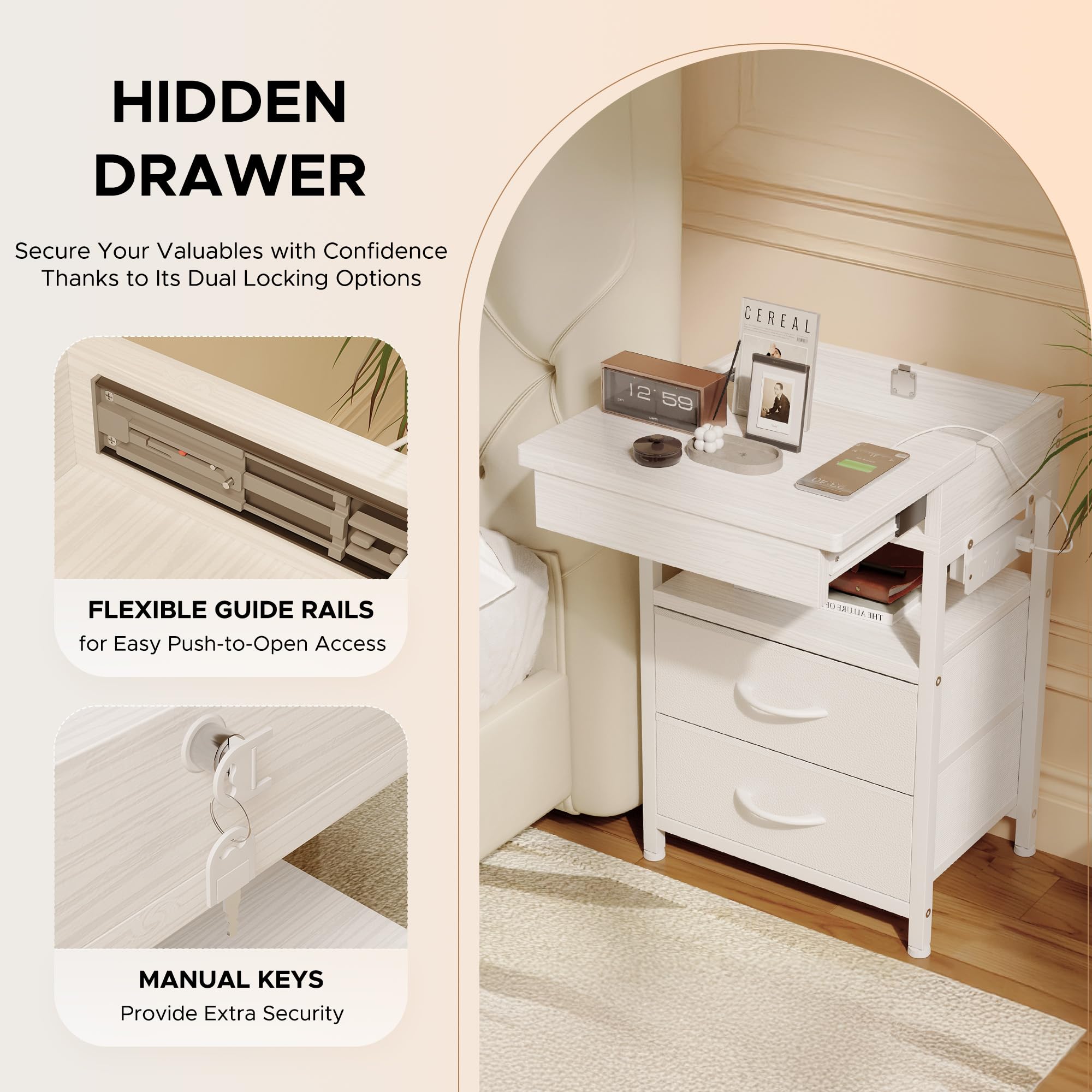 Mesita de noche con cajón oculto, mesita de noche con estación de carga y almacenamiento superior deslizante, mesa auxiliar de cama con 2 cajones de tela, mesita de noche moderna para dormitorio, sala 4