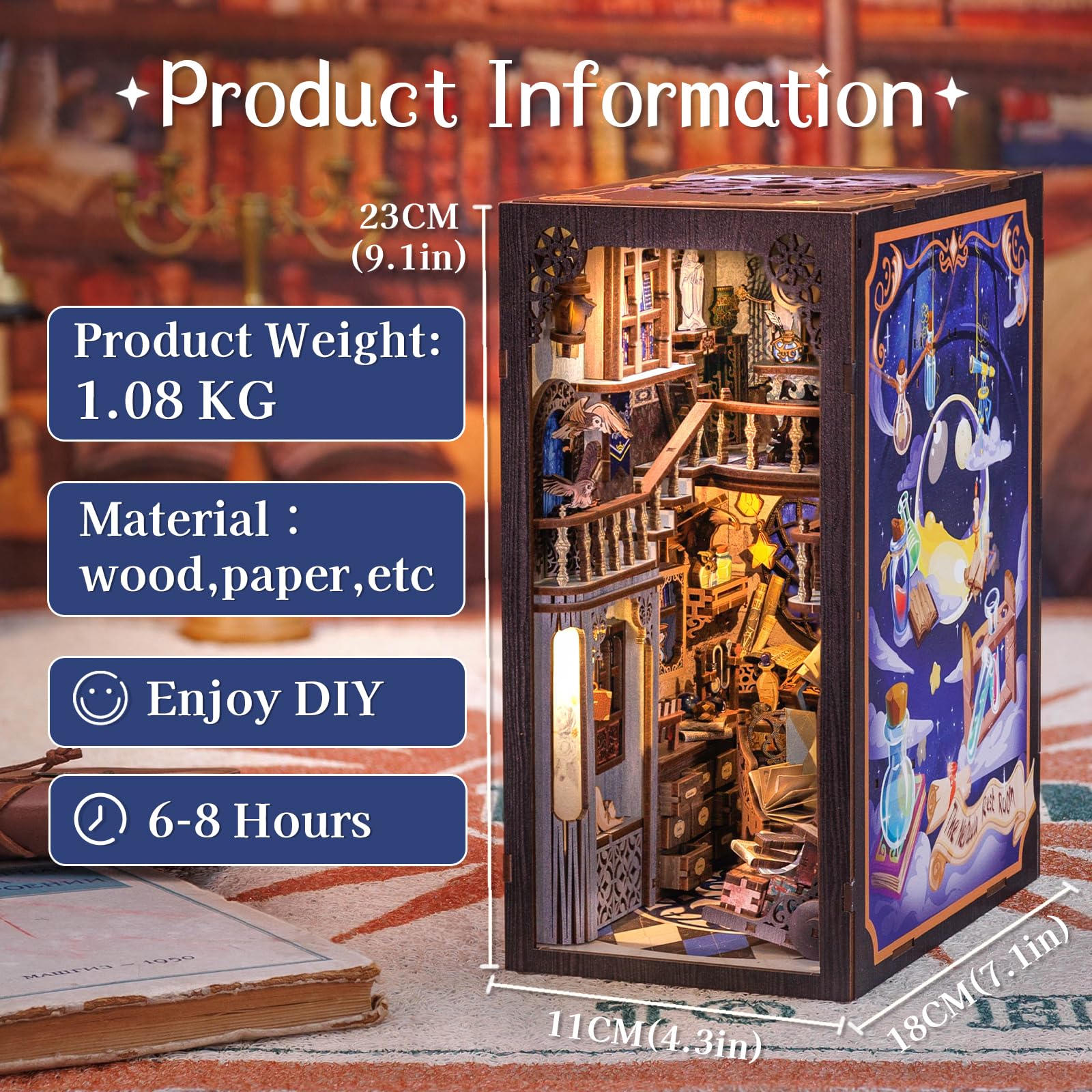 Cutefun DIY Book Nook - Kit per casa delle bambole in miniatura 3D, in legno, per libreria, con inserto per libreria, modello di costruzione, kit regalo creativo con luce (B The Nebula Rest Room)