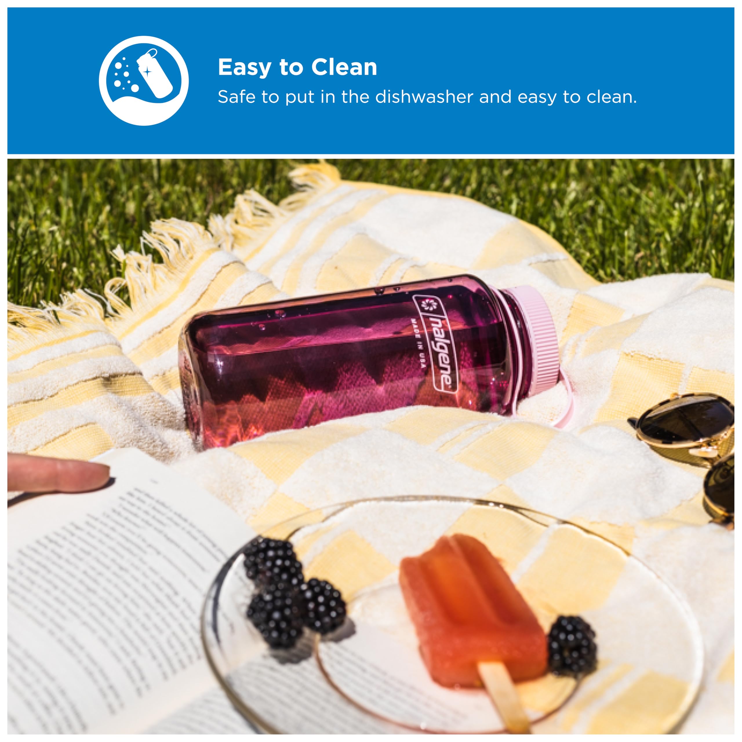 Nalgene Sustain Butelka na wodę z tritanu, bez BPA, wykonana z materiału pochodzącego w 50% z tworzywa sztucznego, 900 ml, szeroki otwór, kwiat wiśni