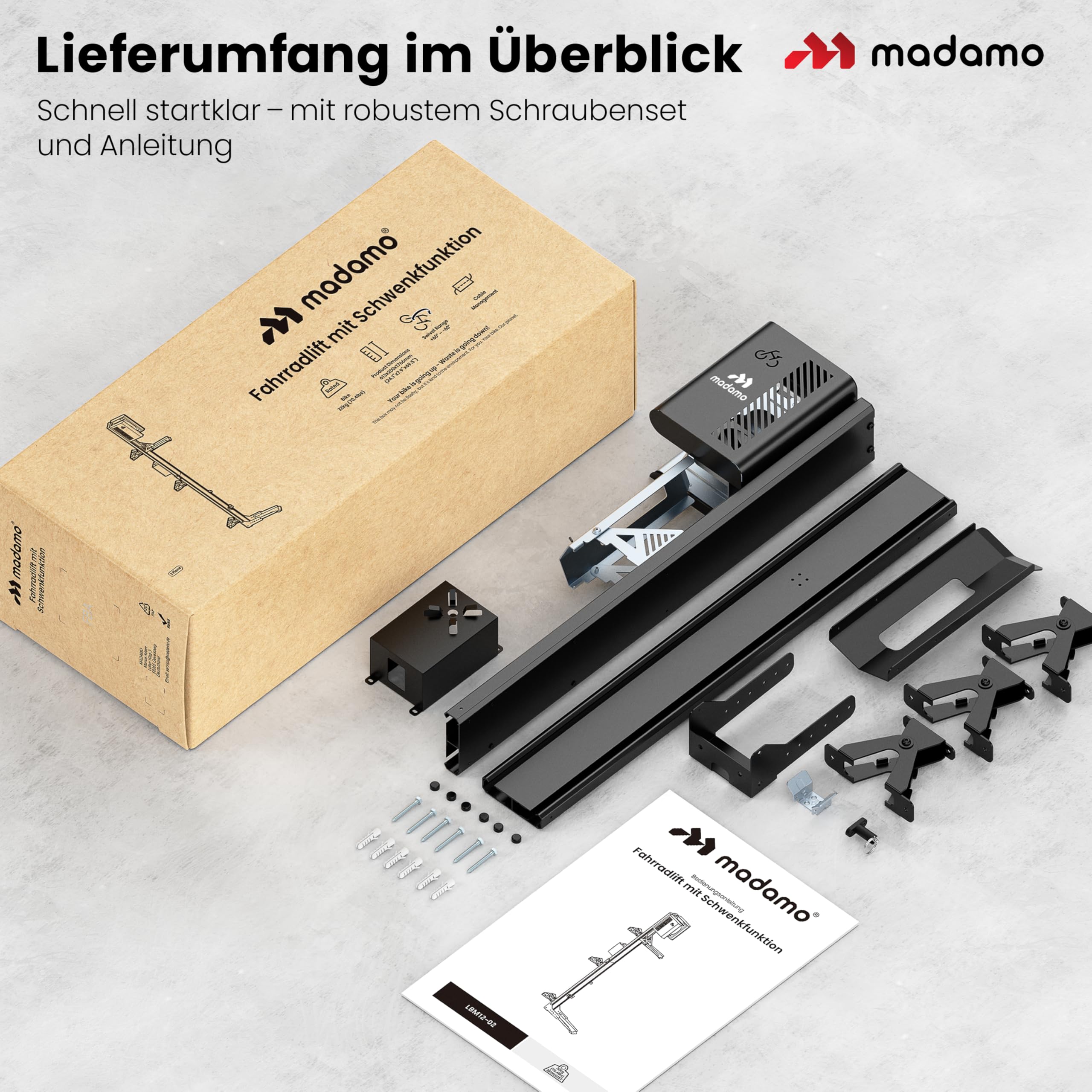 MADAMO Fahrradlift schwenkbar - Fahrrad Wandhalterung vertikal bis 32kg - Fahrradaufhängung Wand - Bike Wall Mount für Garagen Ordnung - Für alle Fahrradtypen inkl E-Bike, MTB & Rennrad - Schwarz/Rot