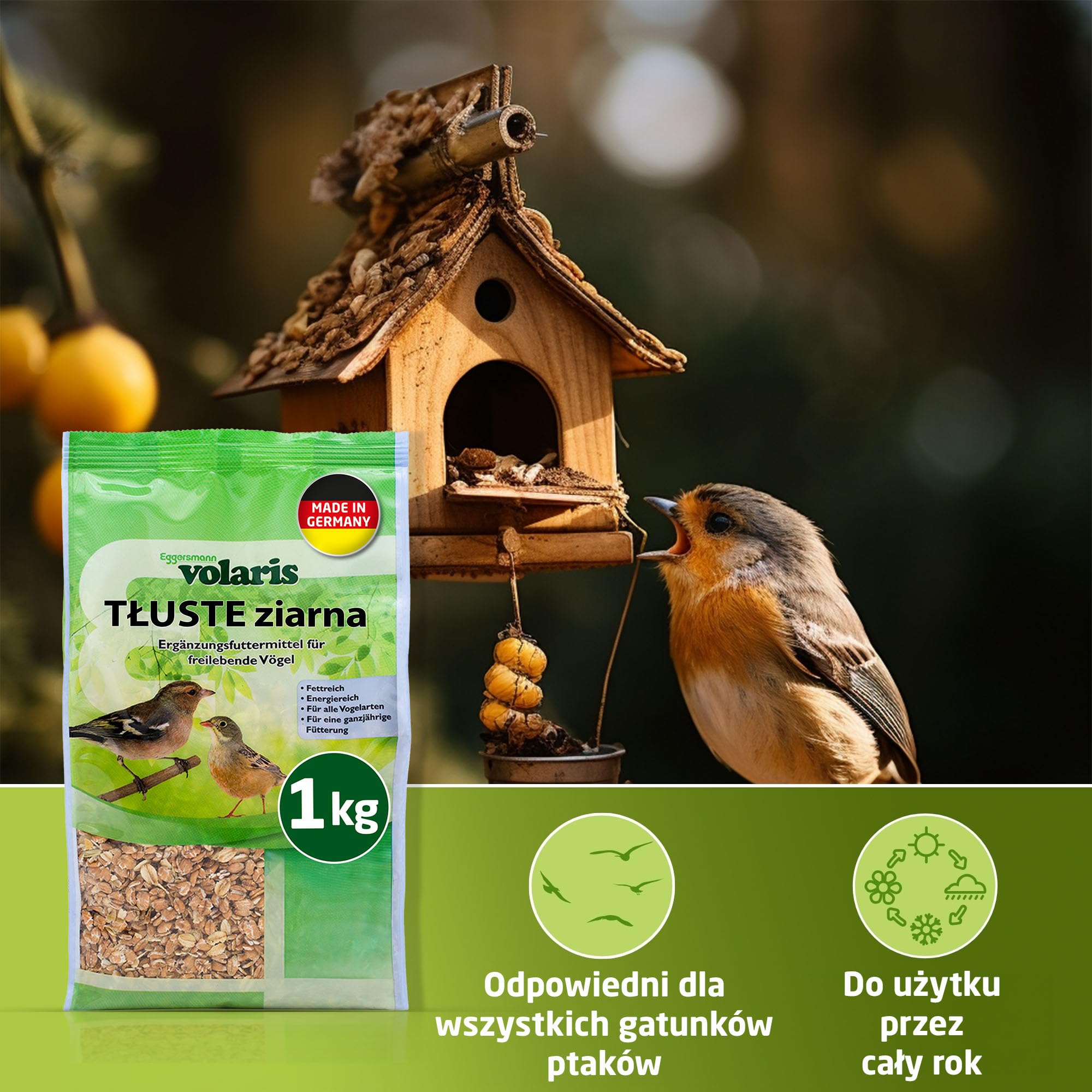 Eggersmann volaris Karma dla dzikich ptaków przez cały rok, 1 kg [ziarna tłuszczu] | Karma dla dzikich ptaków na cały rok | bogata w tłuszcz karma dla wszystkich gatunków ptaków