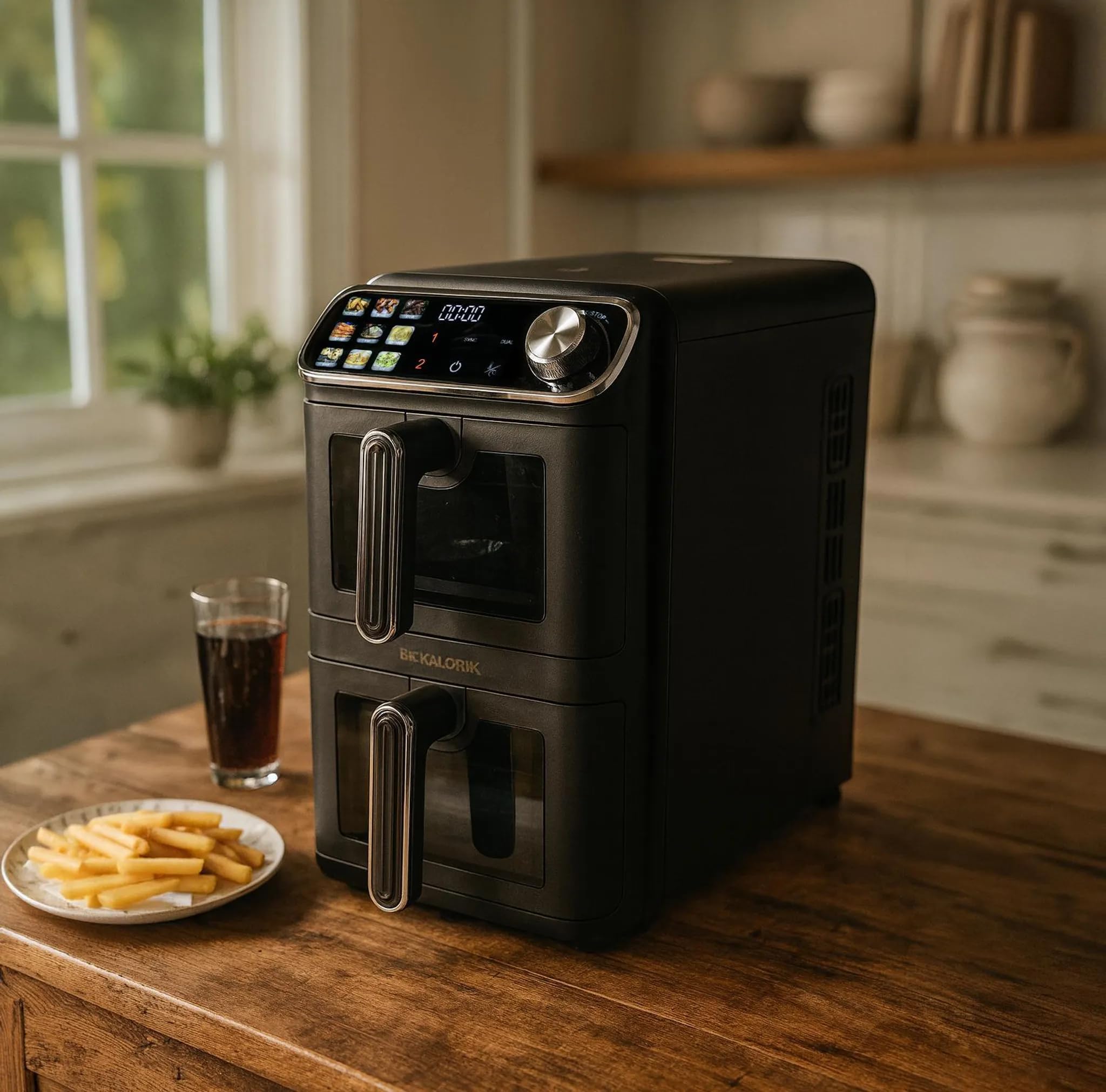 KALORIK AFT3200 frytkownica beztłuszczowa, pionowa XXL frytkownica na gorące powietrze, dwukomorowa wieża 11 l, 2260 W, AIR FRYER z 2 rusztami do smażenia, 9 automatycznych programów, wyświetlacz LCD