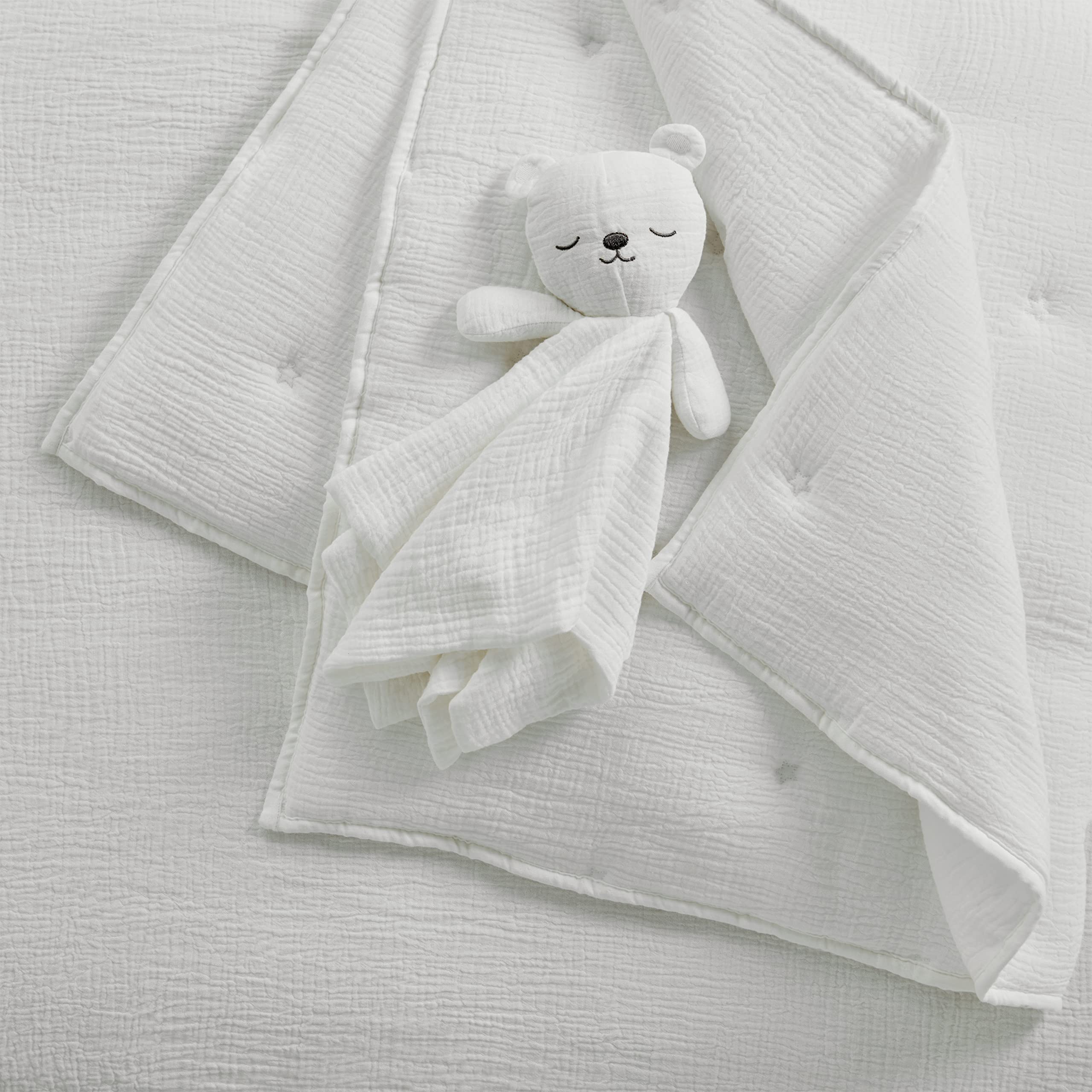 Levtex Baby - Juego de cama de muselina Cloud para cuna - Juego de guardería para bebé - Estrellas blancas y blancas - Muselina texturizada blanca - Juego de 5 piezas que incluye edredón, sábana