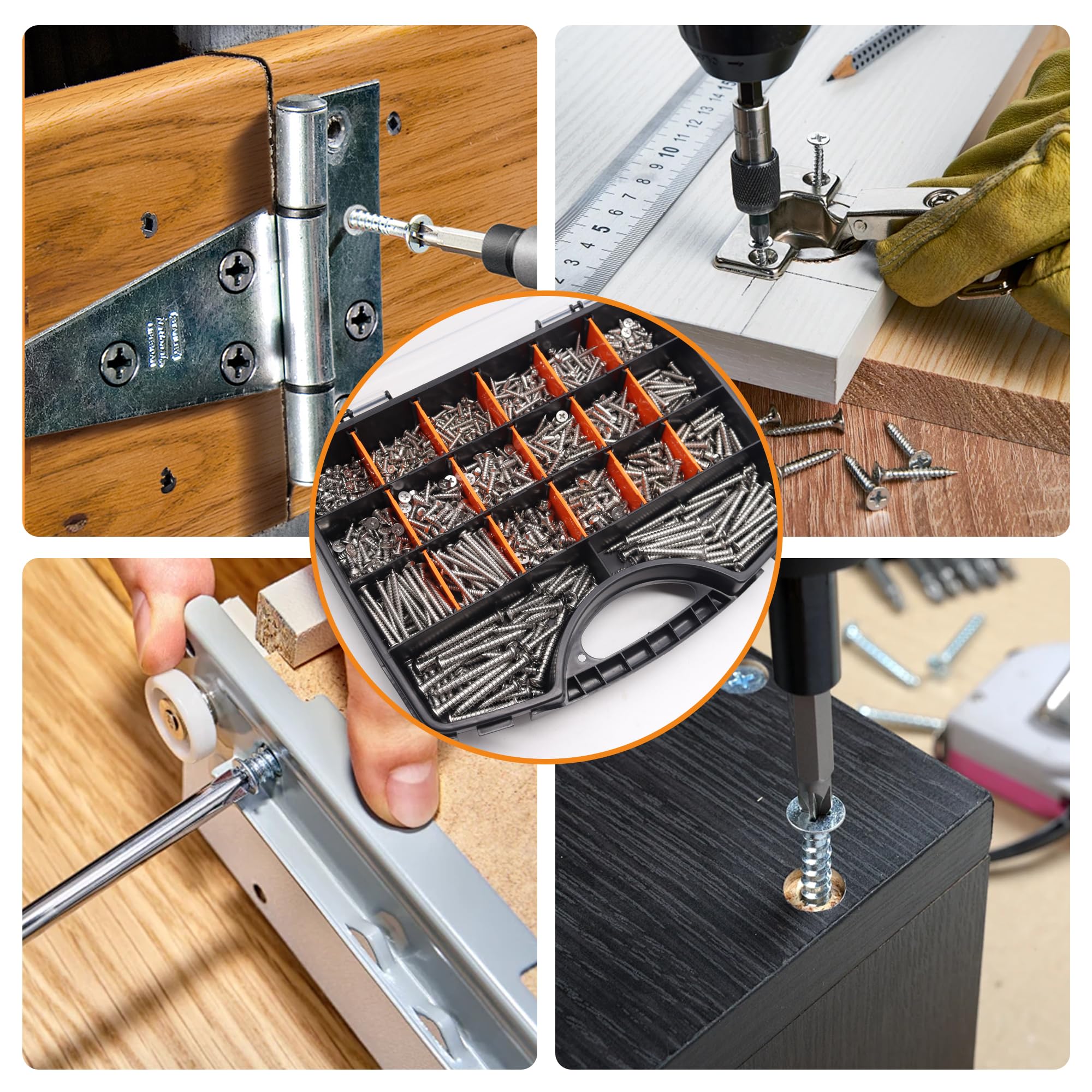 Dianrui 1200-teiliges selbstschneidende Schrauben-Sortiment, M3/M4/M5/M6 Edelstahl, sortiertes Schrauben-Set, Holzschrauben-Sortiment (605 Stück Rundkopf und 595 Stück Flachkopf)