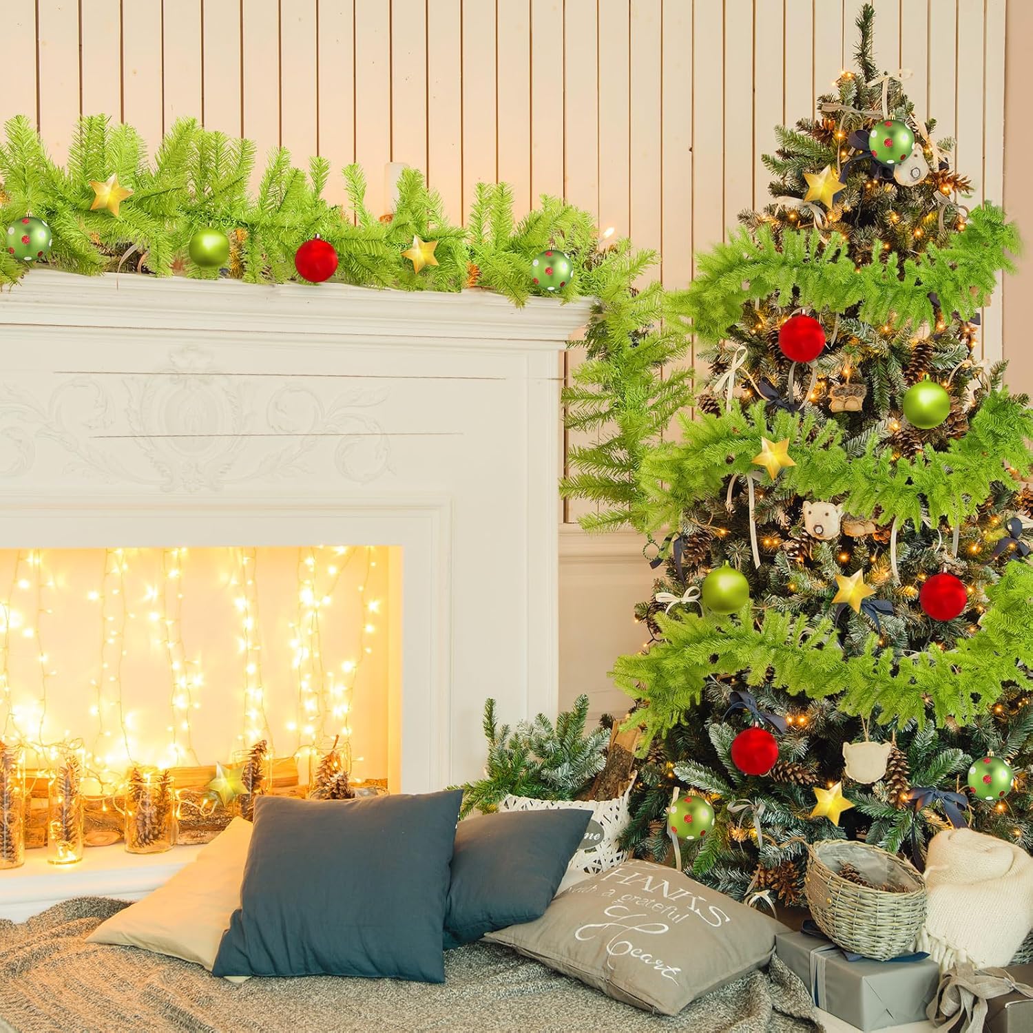 Jutom 13.2 ft Valentine's Garlands with 16.4 ft LED Lights Artificial Garland Romantic Pine Valentine Garland Decoration for Stairs Fireplace Mantel Front Door Porch Holiday Party(Bright Green)