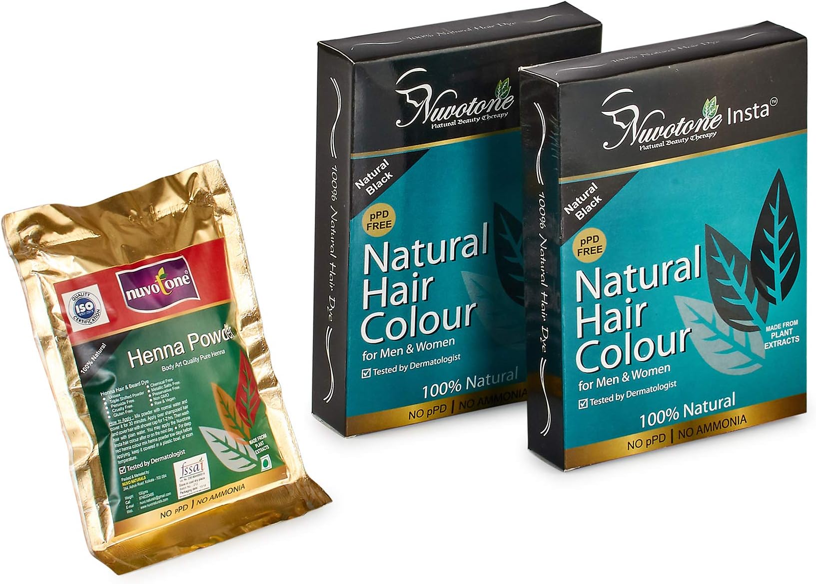 NuvotoneNatural Black Hair Color Kit - Ayurvedic, PPD & Ammonia-free, Insta Natural Hair Color (Pack of 2) & Body Art Quality Henna Powder