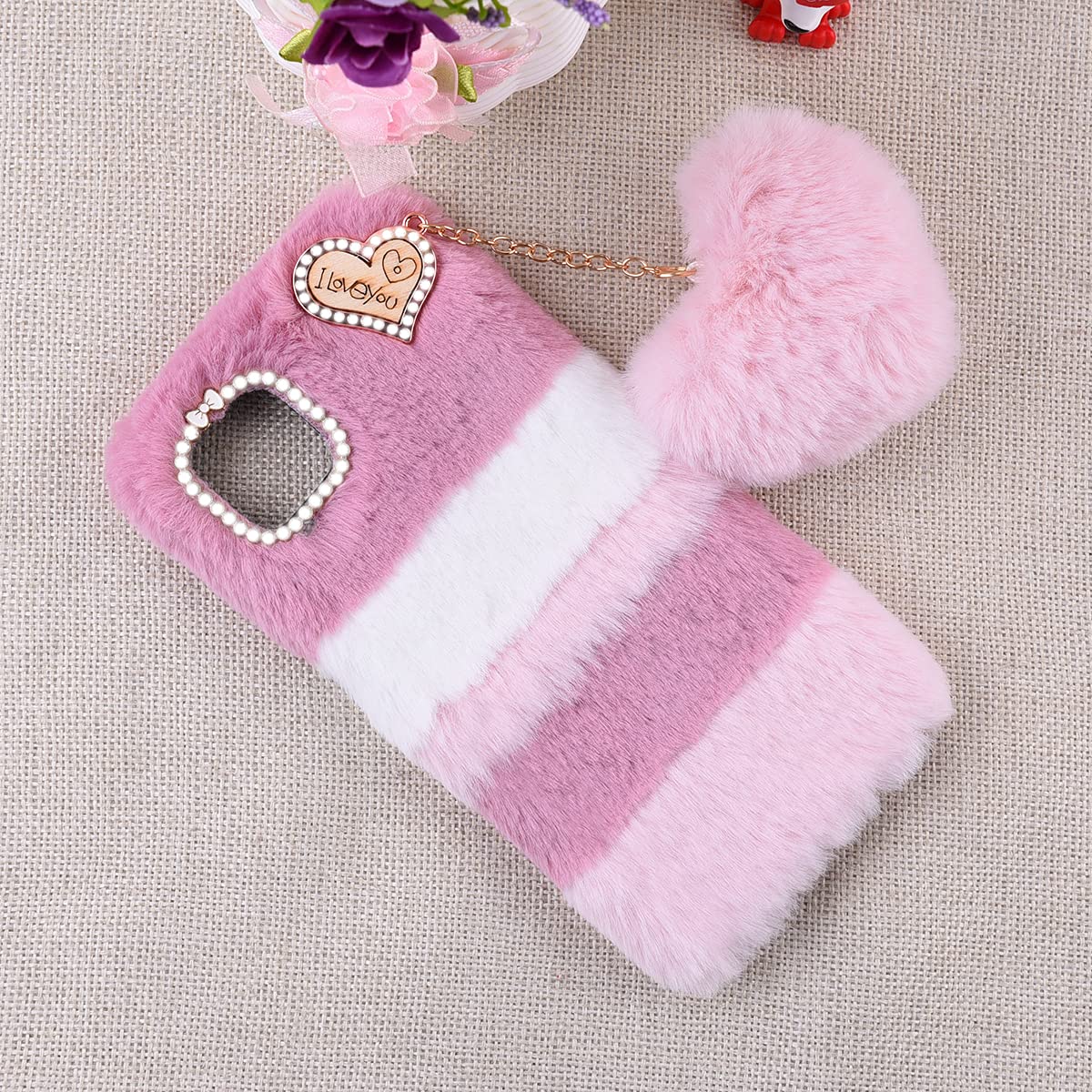 Peluche Coniglio Fluffy Soft Covers Peluche Custodia Cellulare per Motorola Edge 30 Neo/Edge 30 Lite,Glitter Diamond Pearl Rabbit Custodia Morbida e Confortevole in Finta Peluche,Coniglio grigio perla