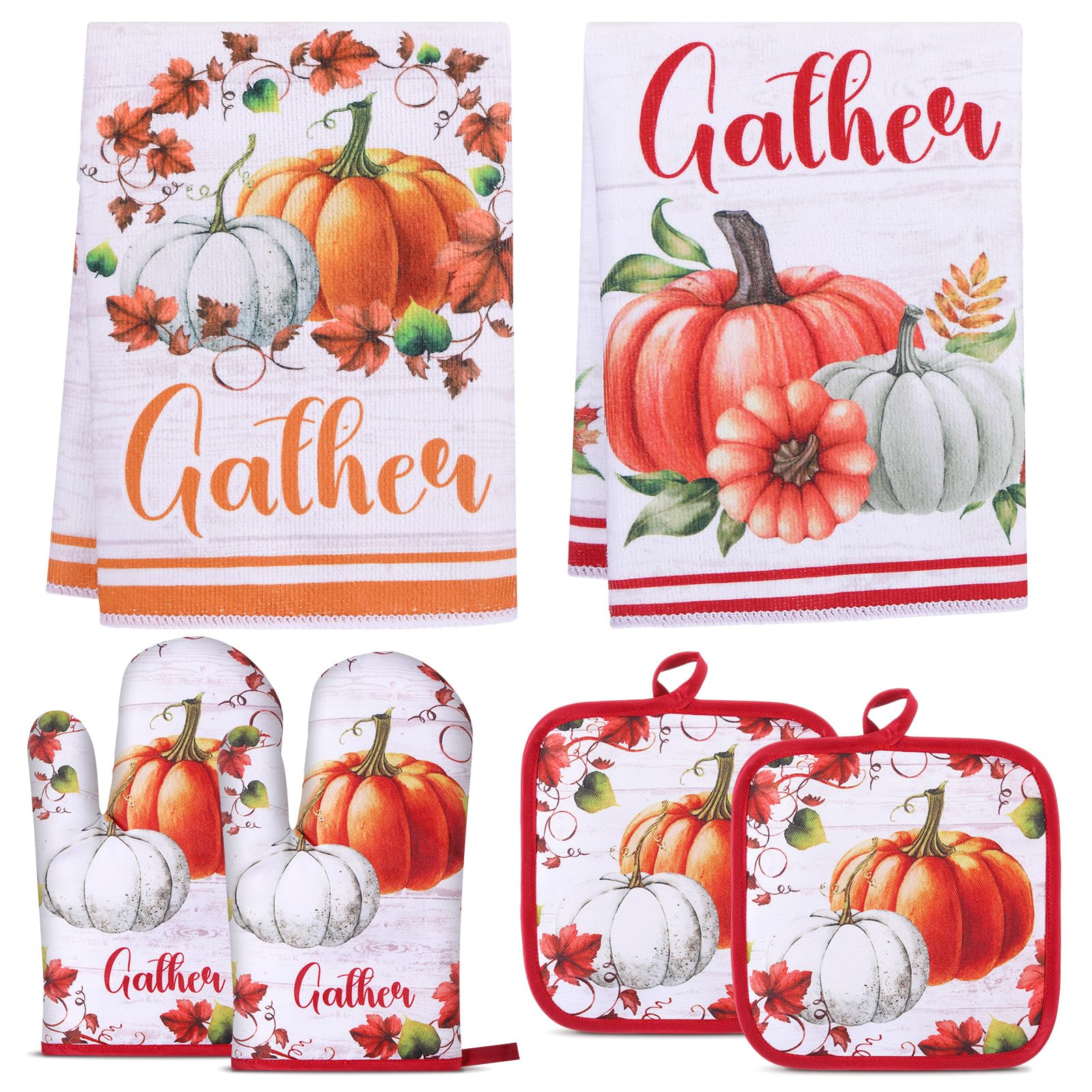 Juego de 6 accesorios de cocina de otoño, incluyendo paños de cocina de calabaza, guantes de horno, soportes para ollas, cosecha, hojas de arce, regalos para otoño, otoño, Acción de Gracias