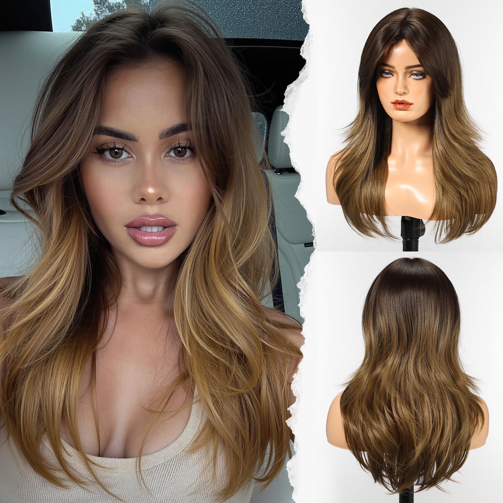 Women Cosplay Daily Natural Hair Wig Heat Resistant Fiber - Brown with Ombre Blo Ladies Synthetic Wigs Mid Length Layered Wig With Bangs  main image 3