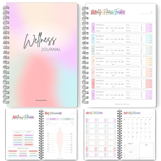 Wellness Journal - 90 Day Health, Fitness, Gratitude, Mindfullness, Wellbeing, Habit, Goals, Diet & Food Tracker - A5 (Pastel Rainbow)