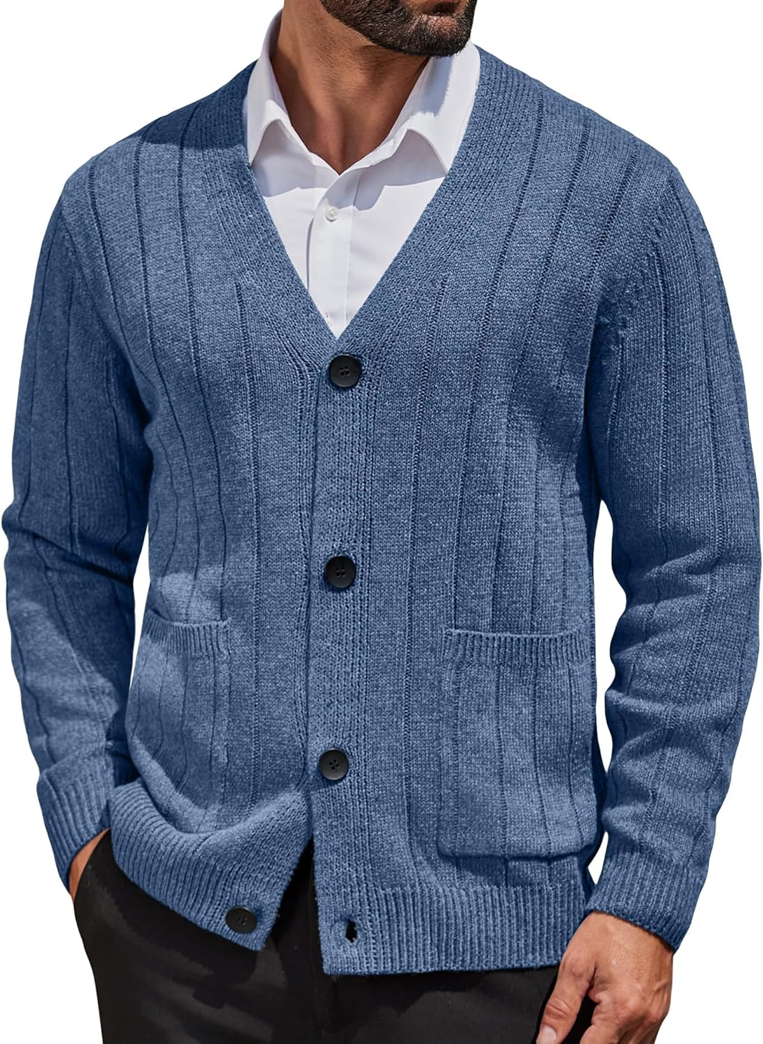 COOFANDY Men's Cardigan Sweater Cable Knit V Neck Button up Sweaters Ribbed Cardigan Sweater with Pockets