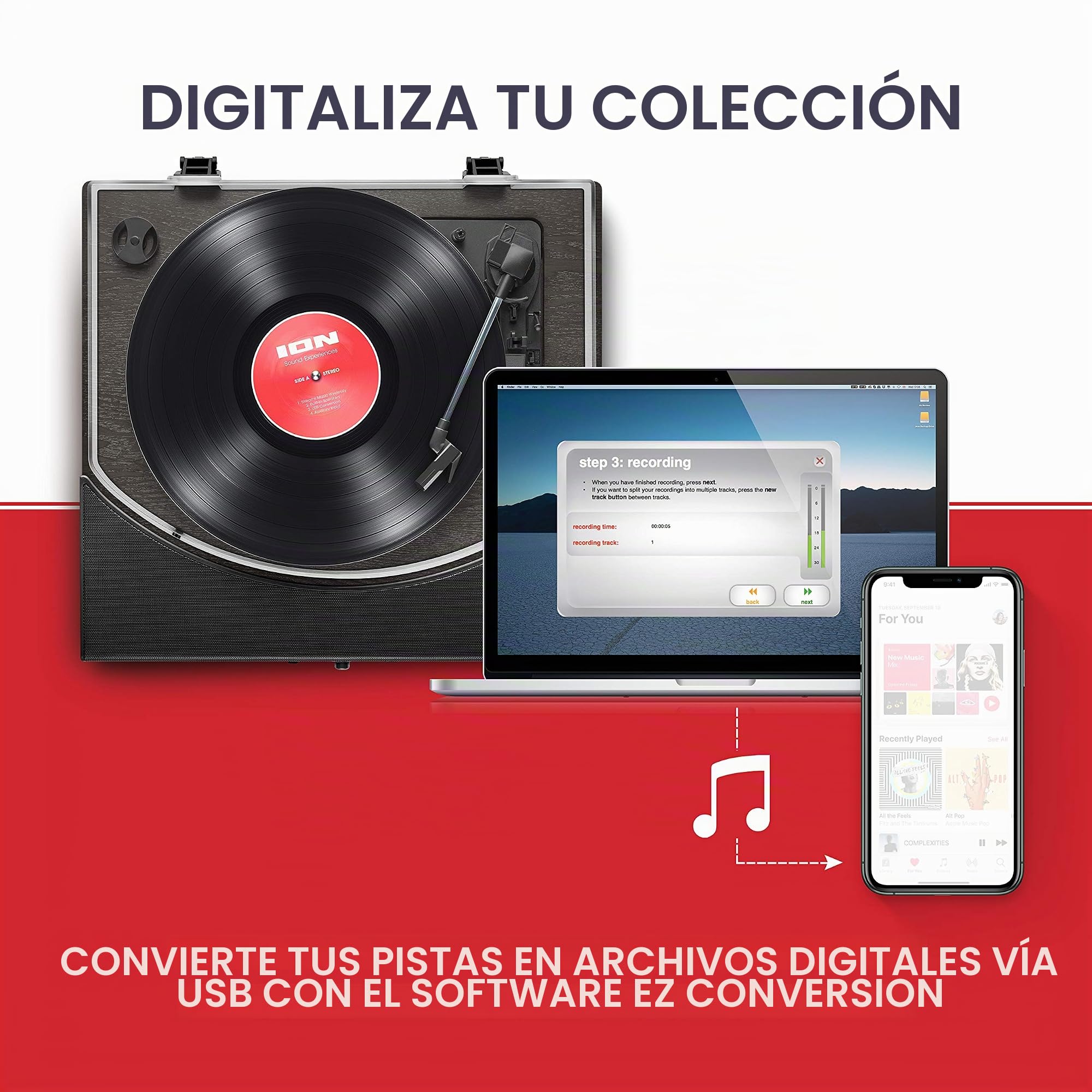 ION Audio Premier LP - Tocadiscos de Vinilo Bluetooth, de 3 velocidades, Altavoces estéreo, Salida USB para convertir vinilos a Formato Digital, Salidas de Auriculares y RCA, Acabado en Negro